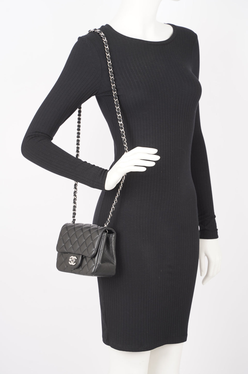 Chanel Womens Lambskin Square Flap Black Leather Mini