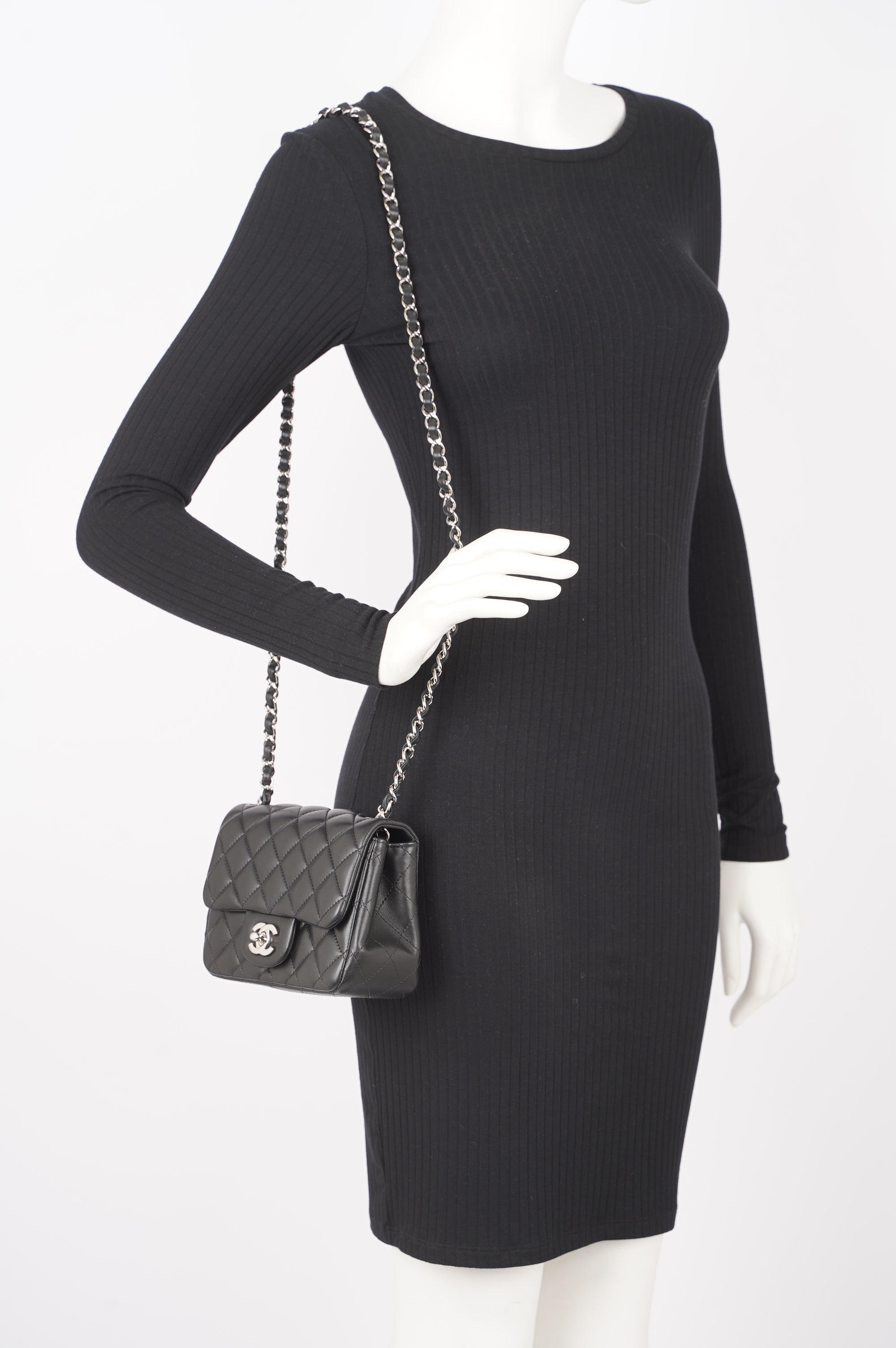 Chanel Womens Lambskin Square Flap Black Leather Mini