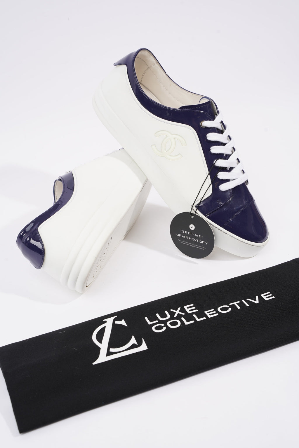 Chanel Womens CC Patent Logo Sneaker Blue / White EU 41 / UK 8