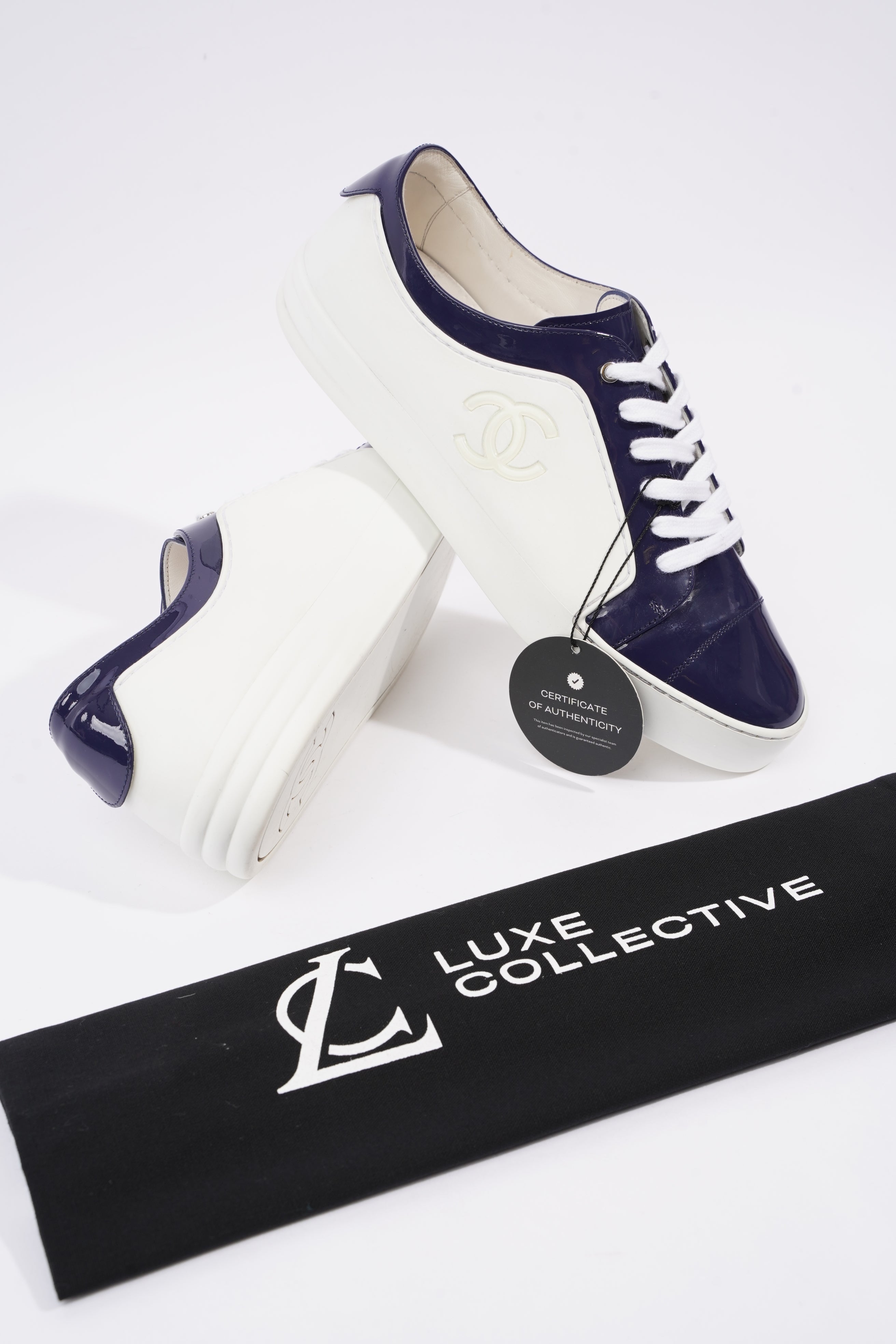 Chanel Womens CC Patent Logo Sneaker Blue / White EU 41 / UK 8