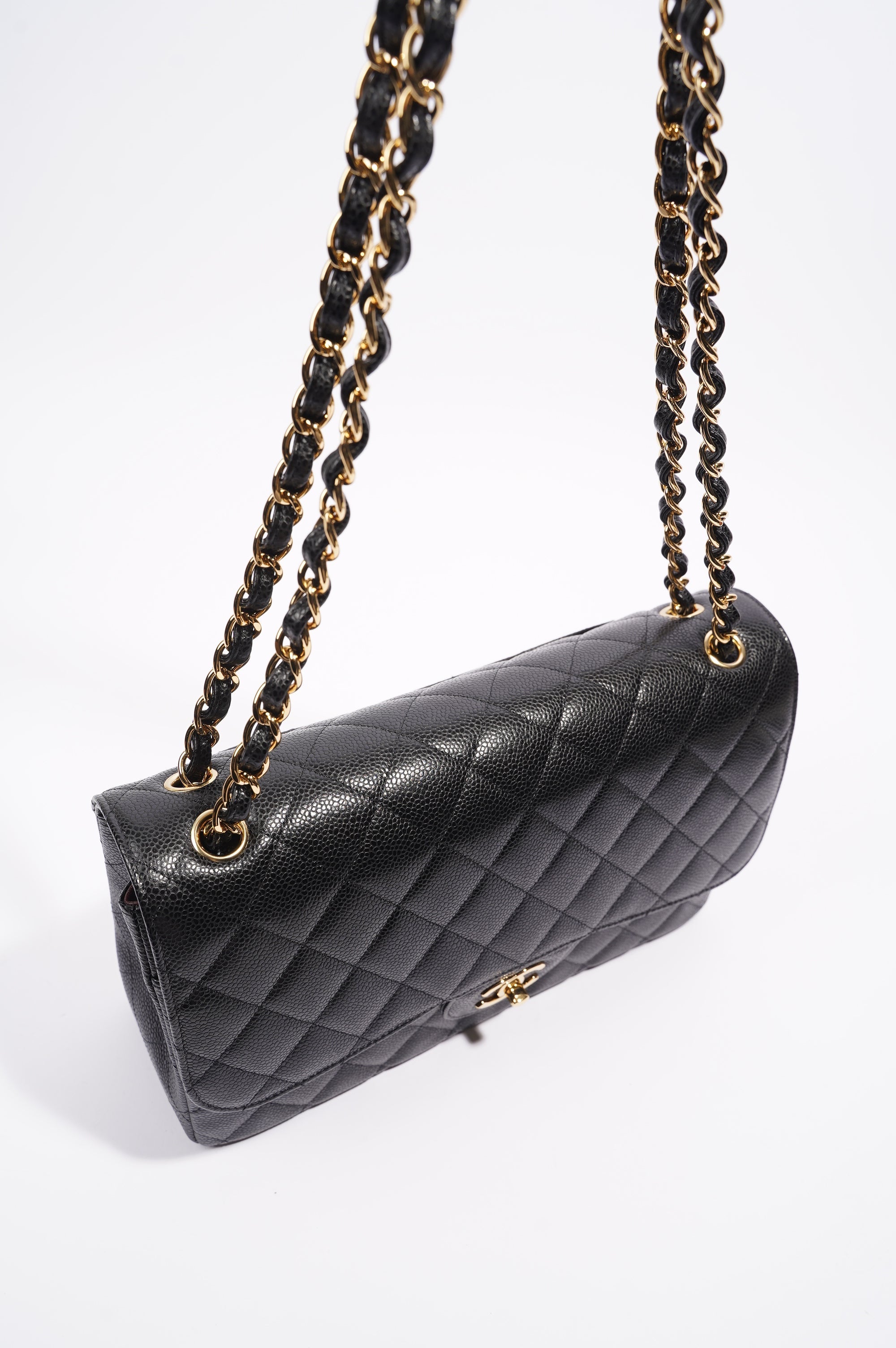 Chanel Double Flap Bag Black Caviar Leather Jumbo