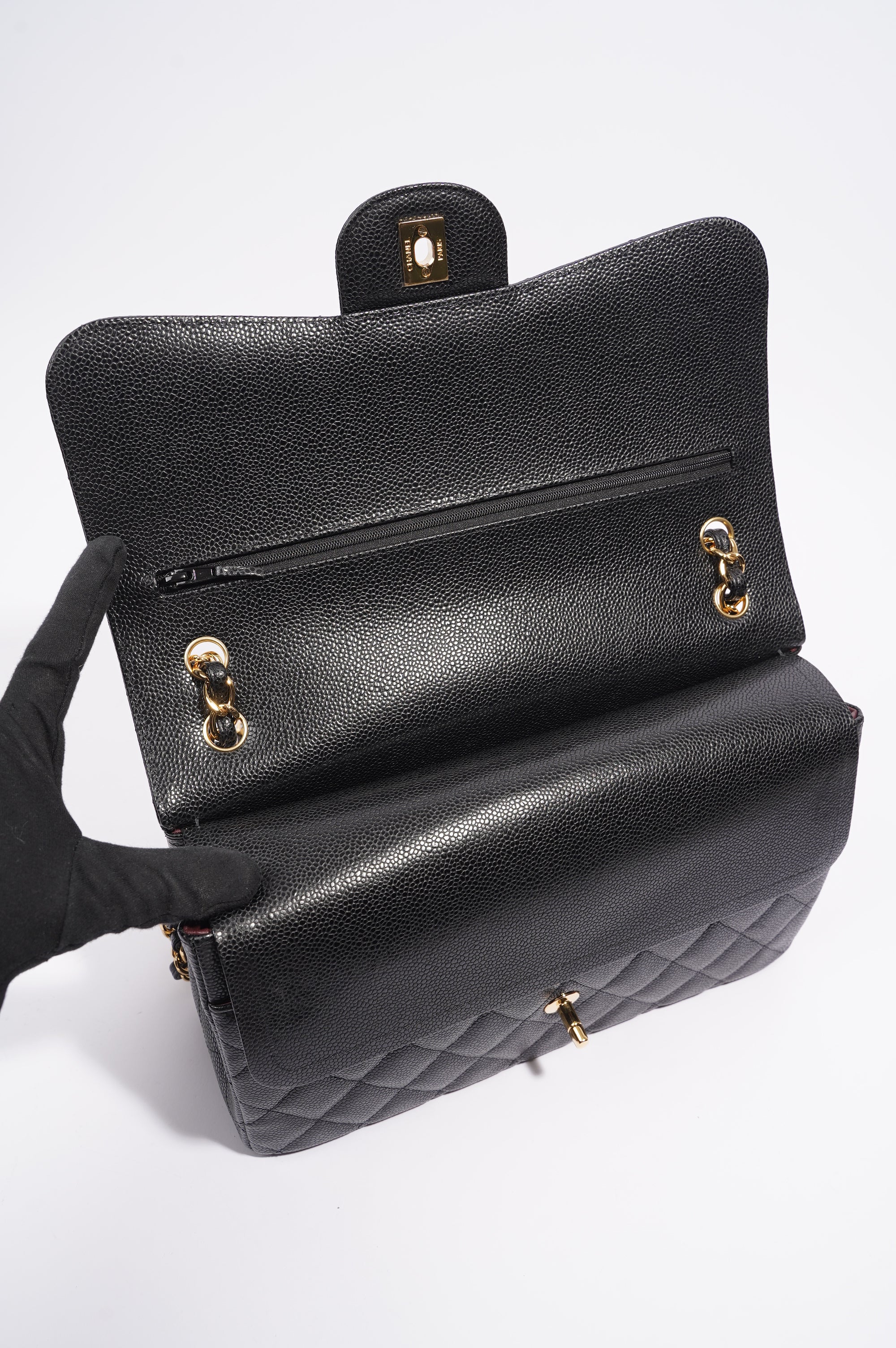Chanel Double Flap Bag Black Caviar Leather Jumbo