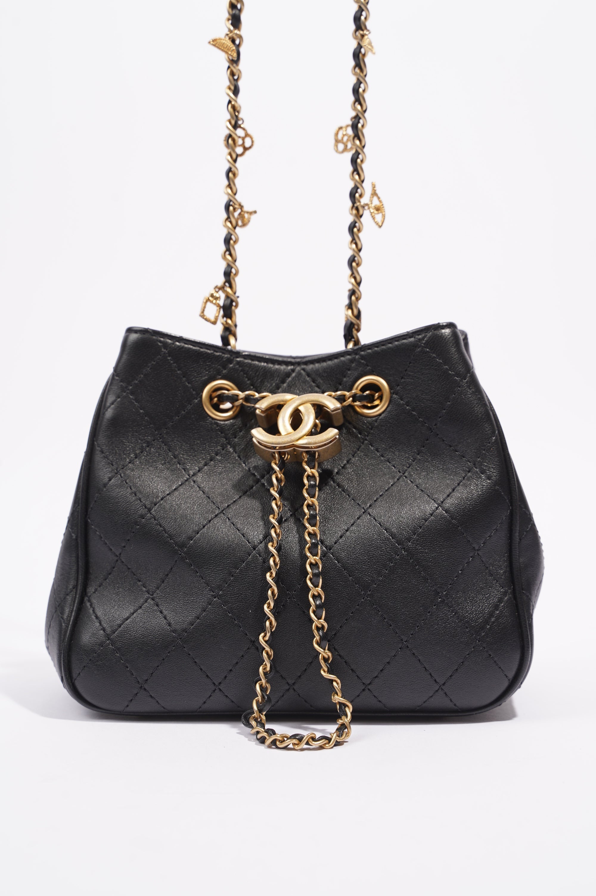 Chanel Womens Mini Amulat Bucket Bag Black Lambskin / Gold