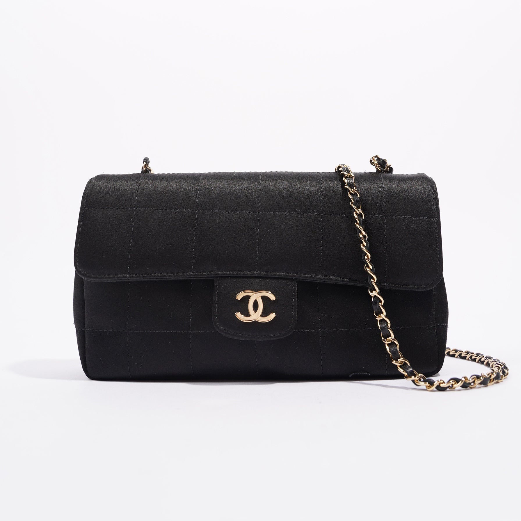Chanel Womens Vintage Camellia Satin Classic Flap Black Mini