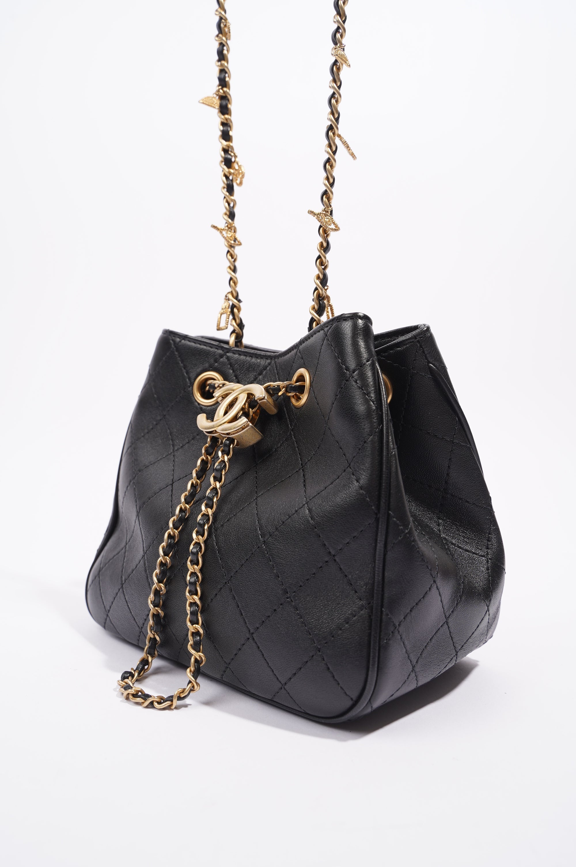 Chanel Womens Mini Amulat Bucket Bag Black Lambskin / Gold