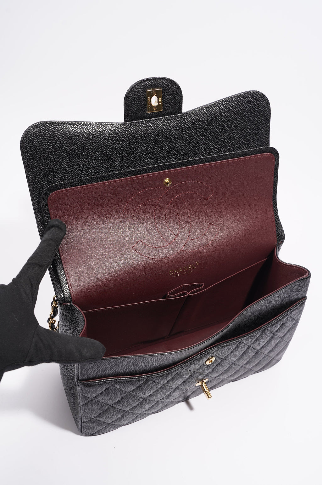 Chanel Double Flap Bag Black Caviar Leather Jumbo