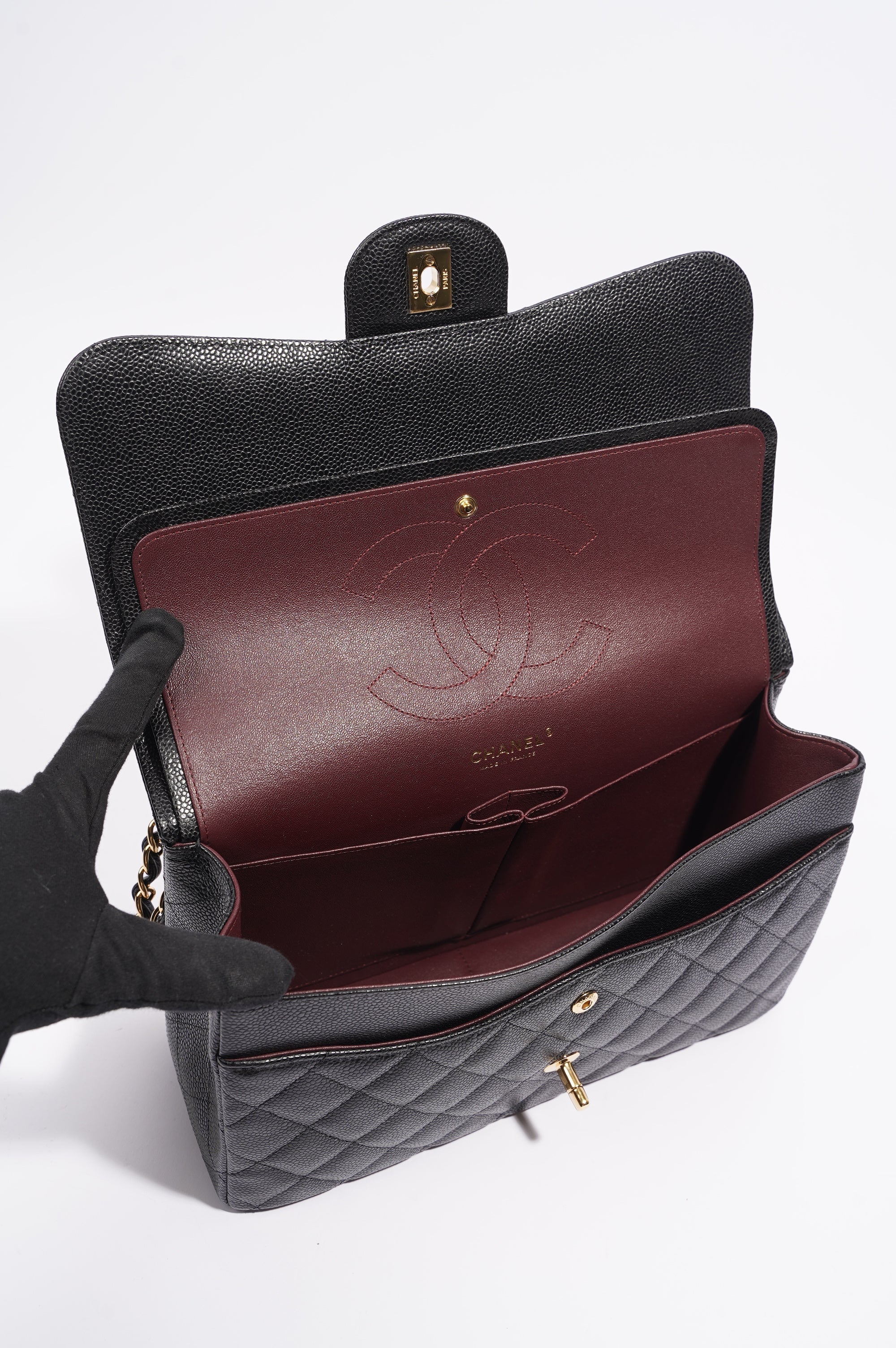 Chanel Double Flap Bag Black Caviar Leather Jumbo