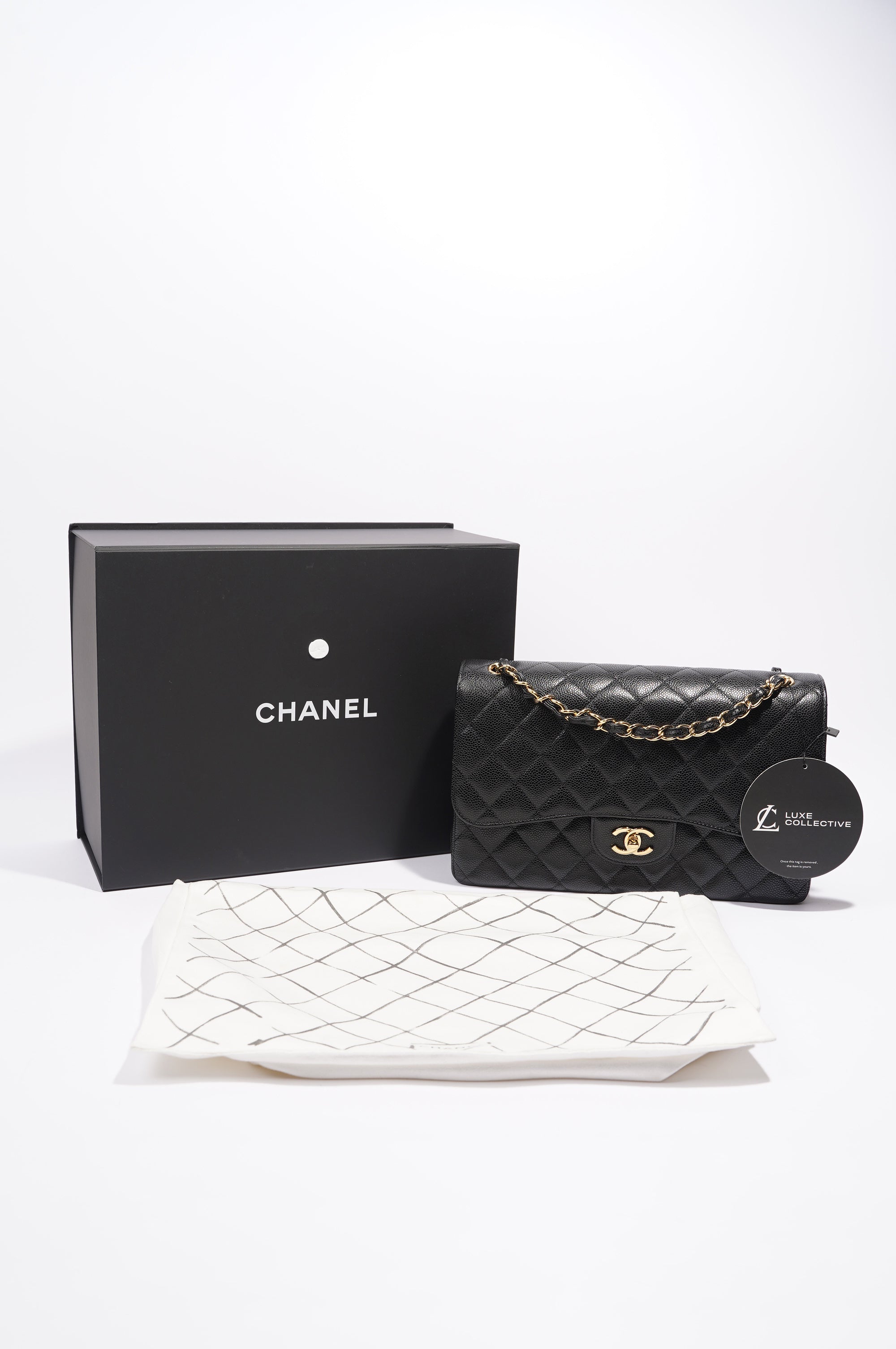 Chanel Double Flap Bag Black Caviar Leather Jumbo