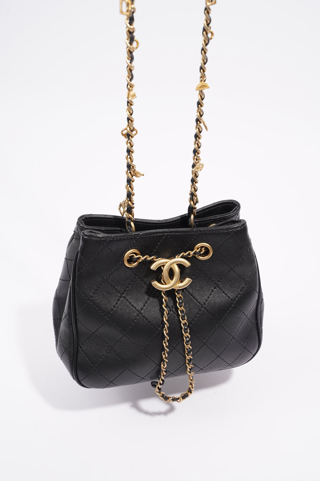 Chanel Womens Mini Amulat Bucket Bag Black Lambskin / Gold