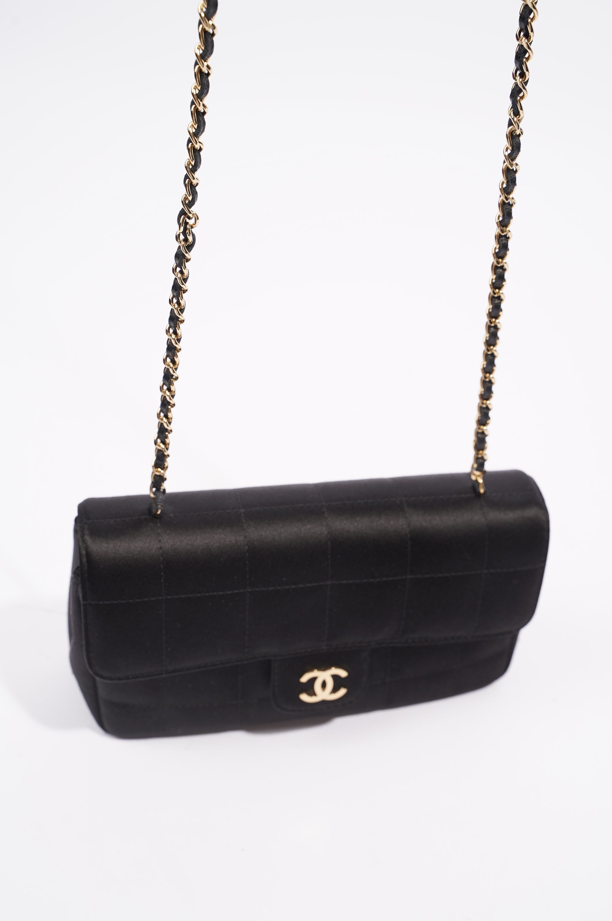 Chanel Womens Vintage Camellia Satin Classic Flap Black Mini