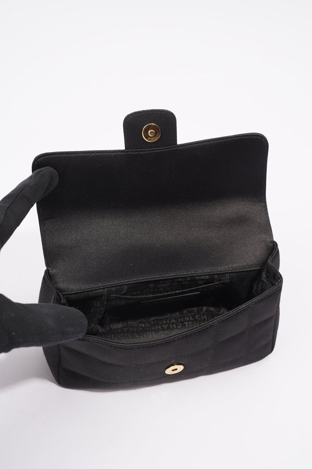 Chanel Womens Vintage Camellia Satin Classic Flap Black Mini