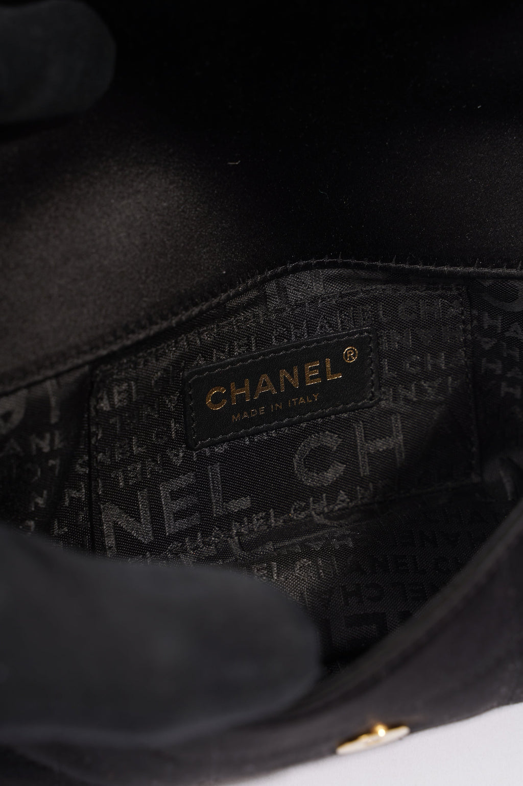 Chanel Womens Vintage Camellia Satin Classic Flap Black Mini