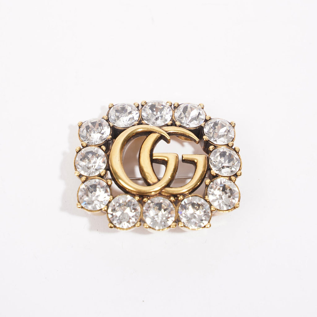 Gucci Womens GG Crystal Embellished Brooch Gold / Crystal