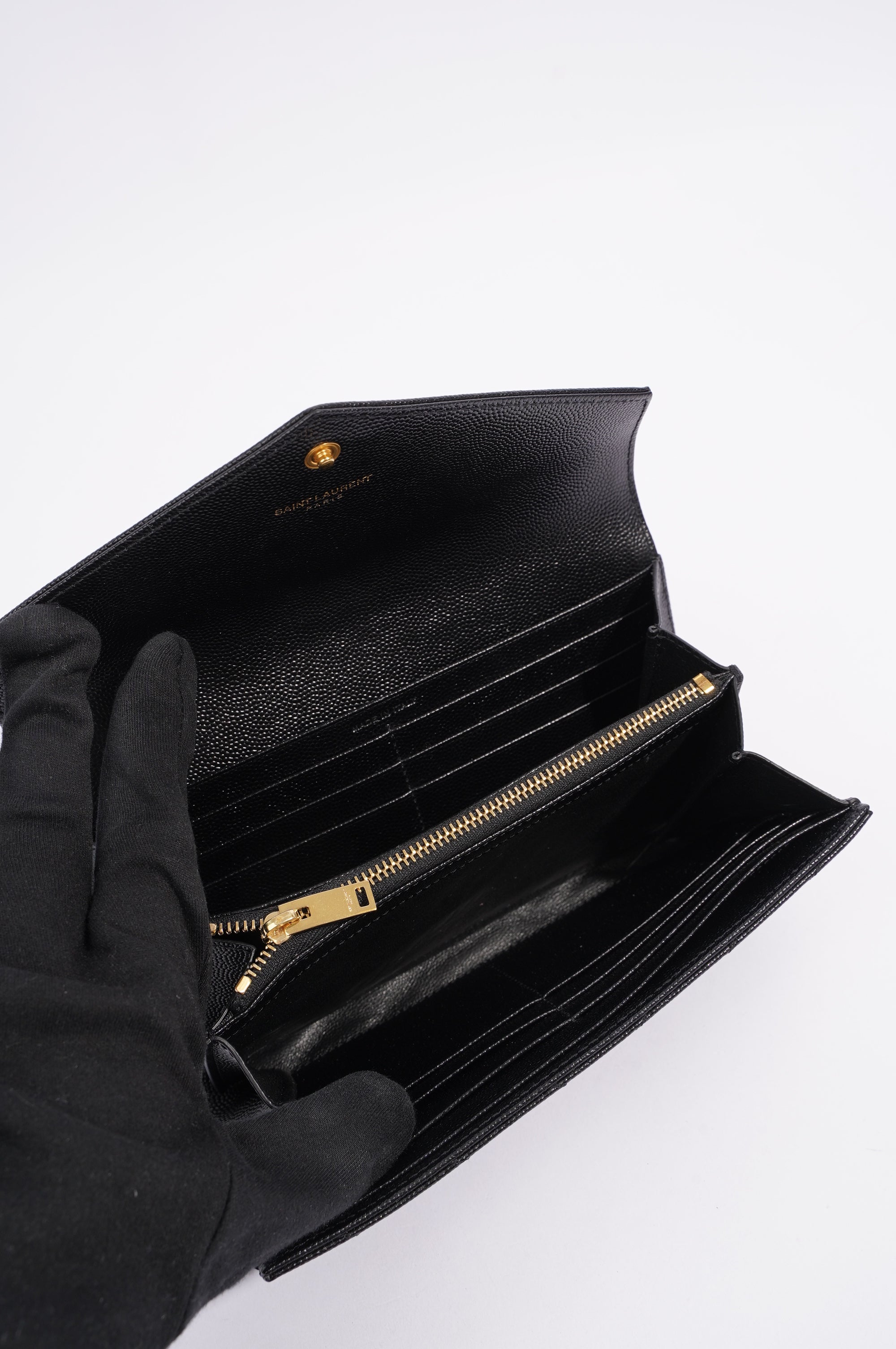 Saint Laurent Womens Cassandre Wallet Black / Gold Matelasse Large