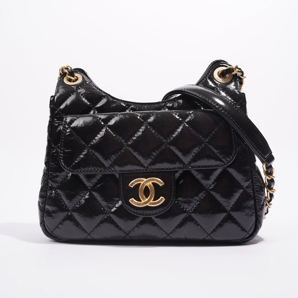 Chanel Womens Patent Leather Hobo Bag Black Small