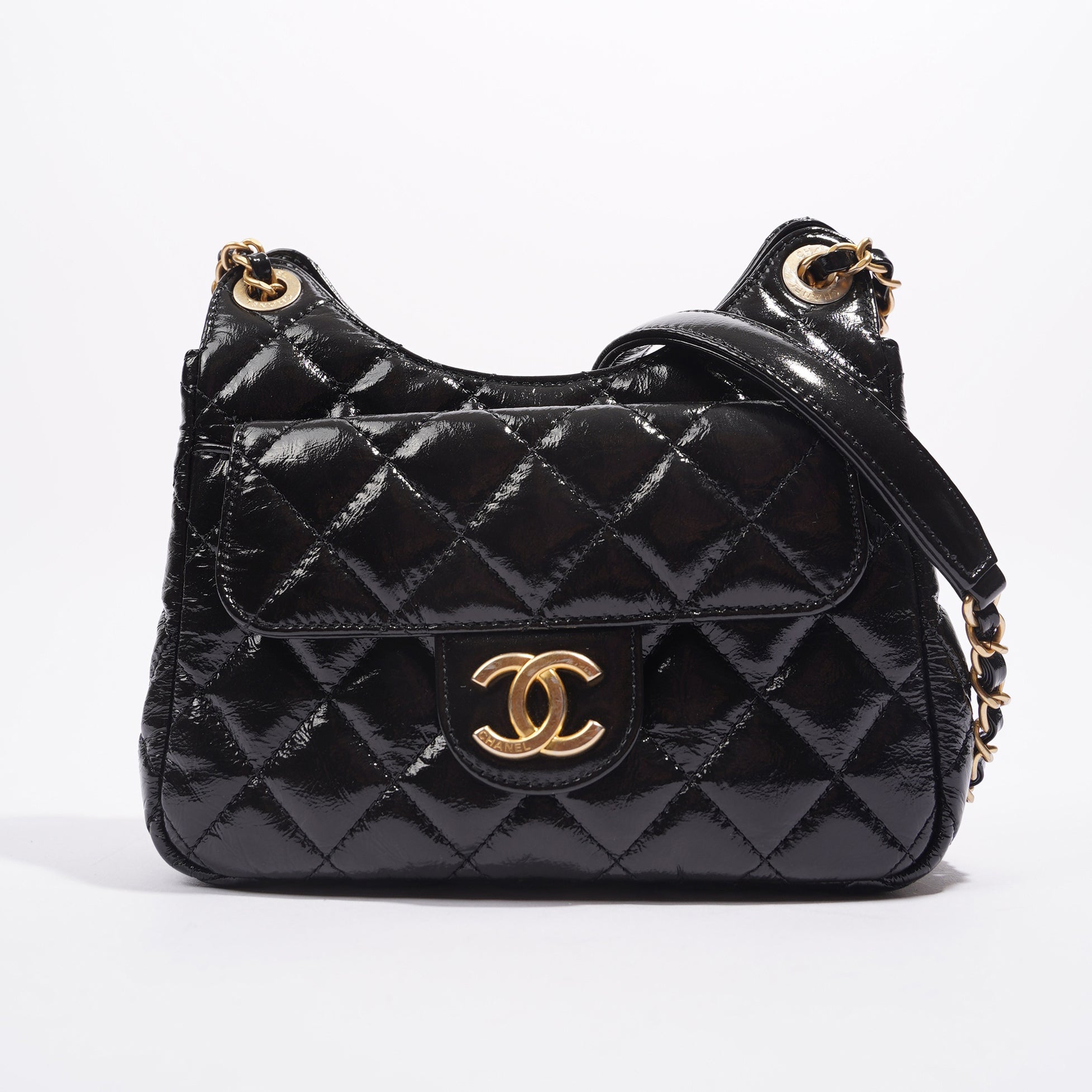 Chanel Womens Patent Leather Hobo Bag Black Small