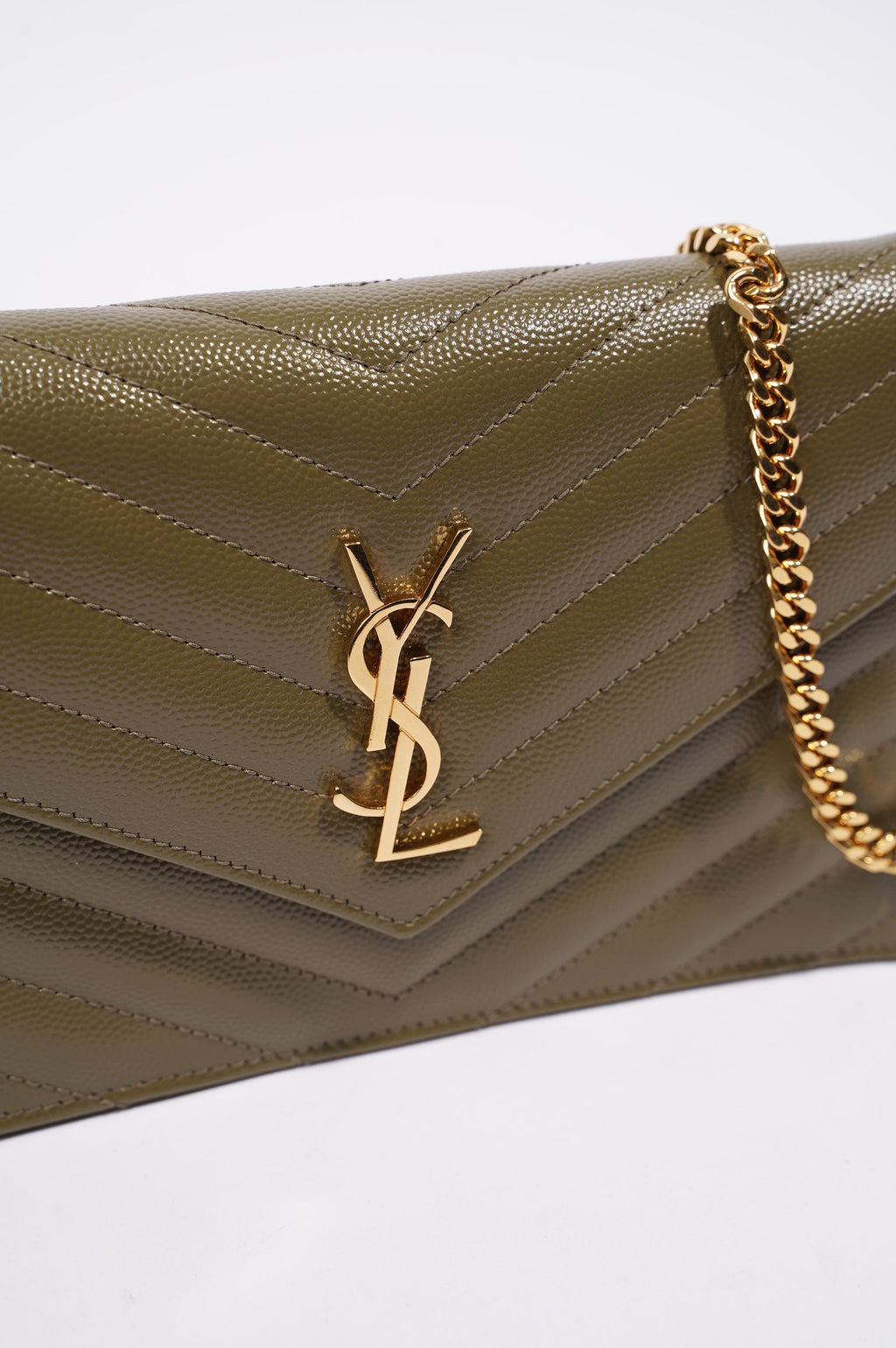 Saint Laurent Womens Cassandra Envelope Chain Wallet Khaki