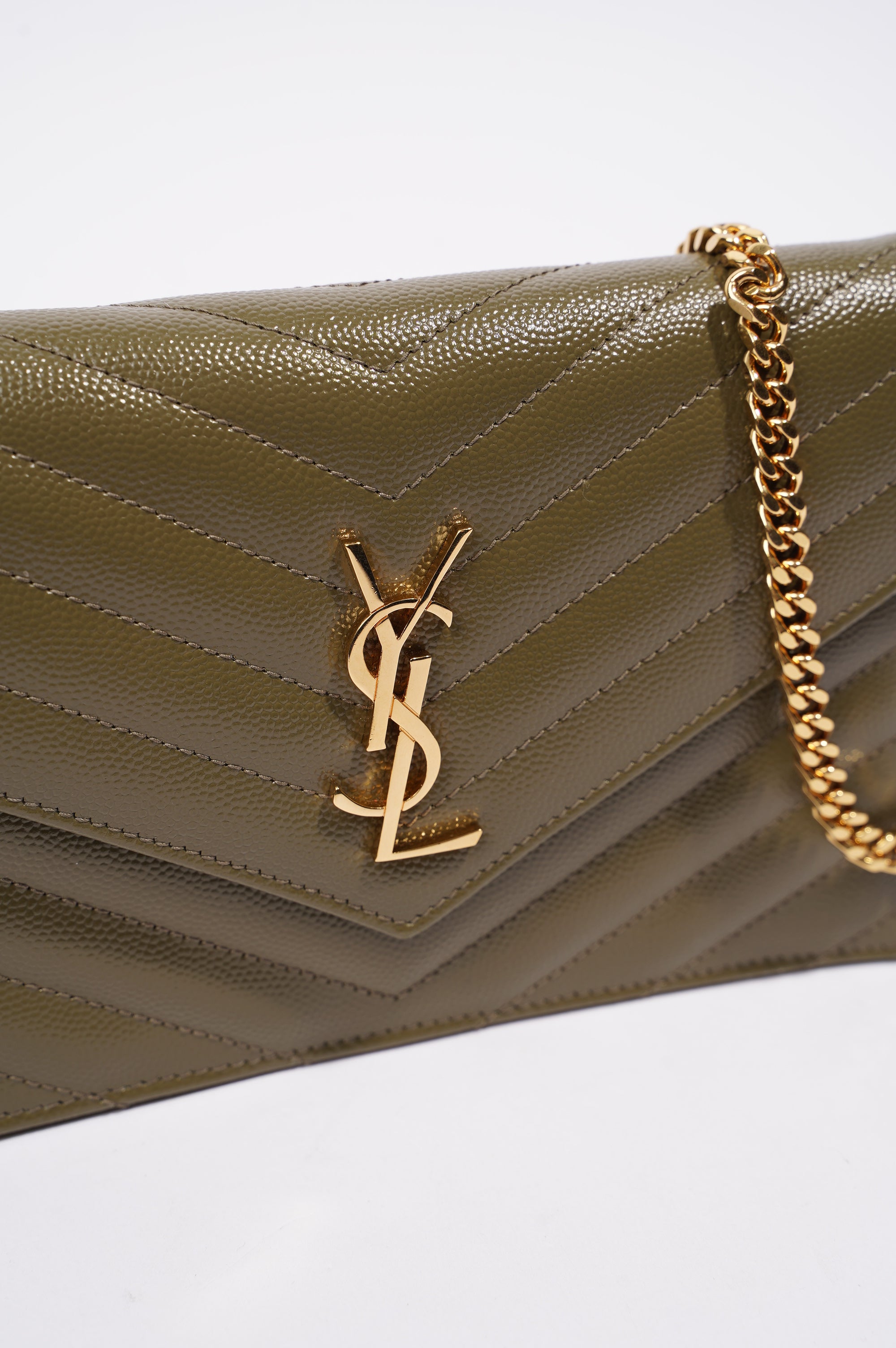 Saint Laurent Womens Cassandra Envelope Chain Wallet Khaki