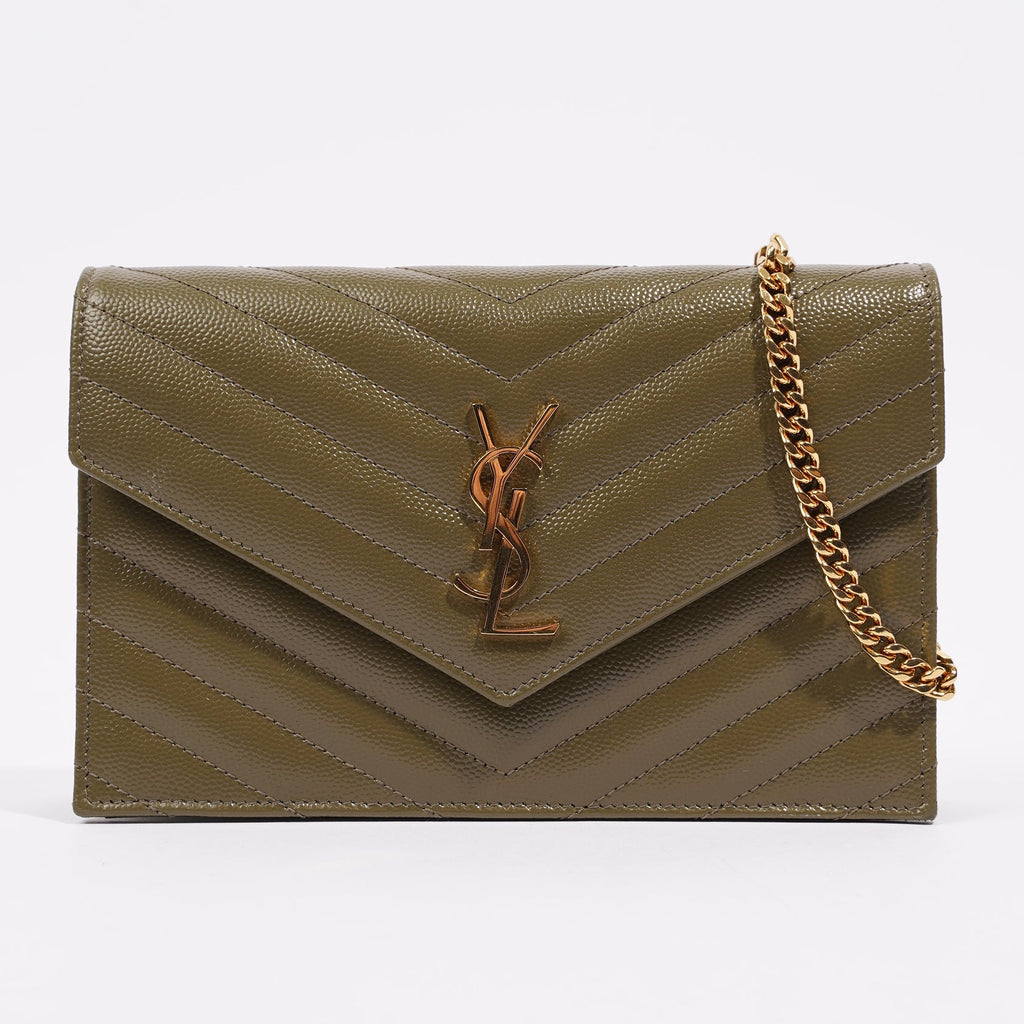 Saint Laurent Womens Cassandra Envelope Chain Wallet Khaki
