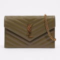 Saint Laurent Womens Cassandra Envelope Chain Wallet Khaki