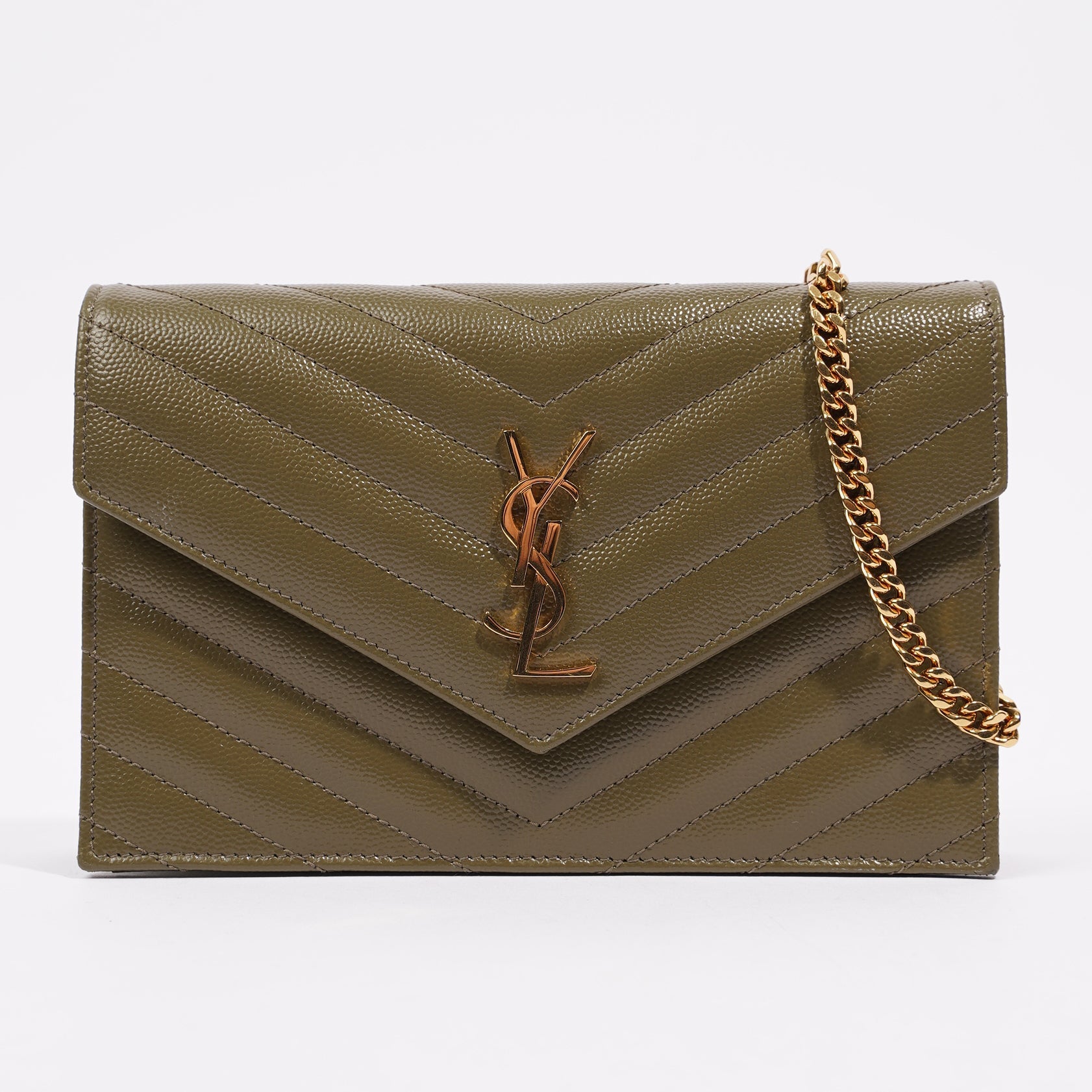 Saint Laurent Womens Cassandra Envelope Chain Wallet Khaki