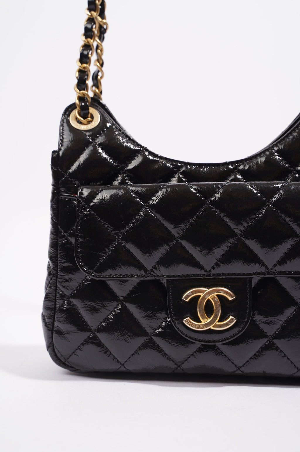 Chanel Womens Patent Leather Hobo Bag Black Small