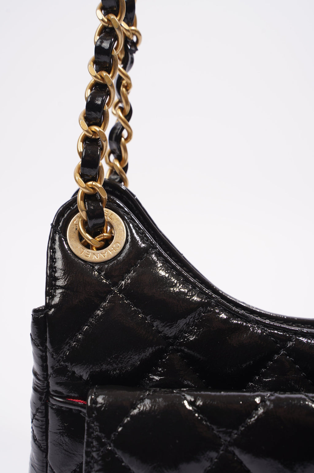 Chanel Womens Patent Leather Hobo Bag Black Small