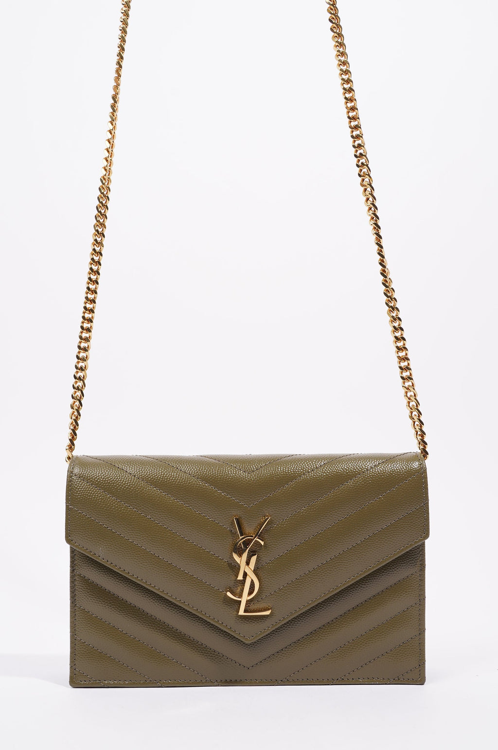 Saint Laurent Womens Cassandra Envelope Chain Wallet Khaki