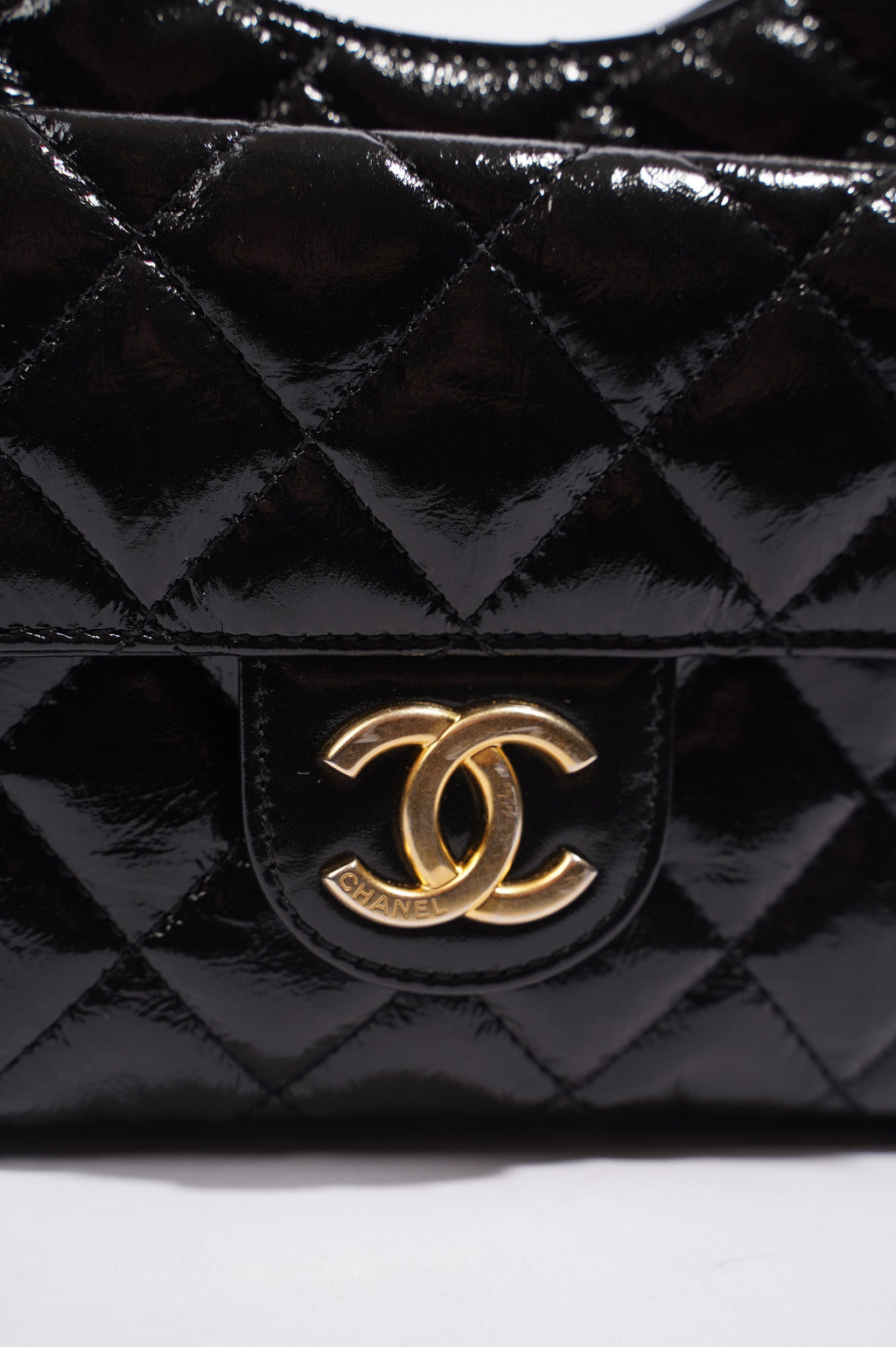 Chanel Womens Patent Leather Hobo Bag Black Small