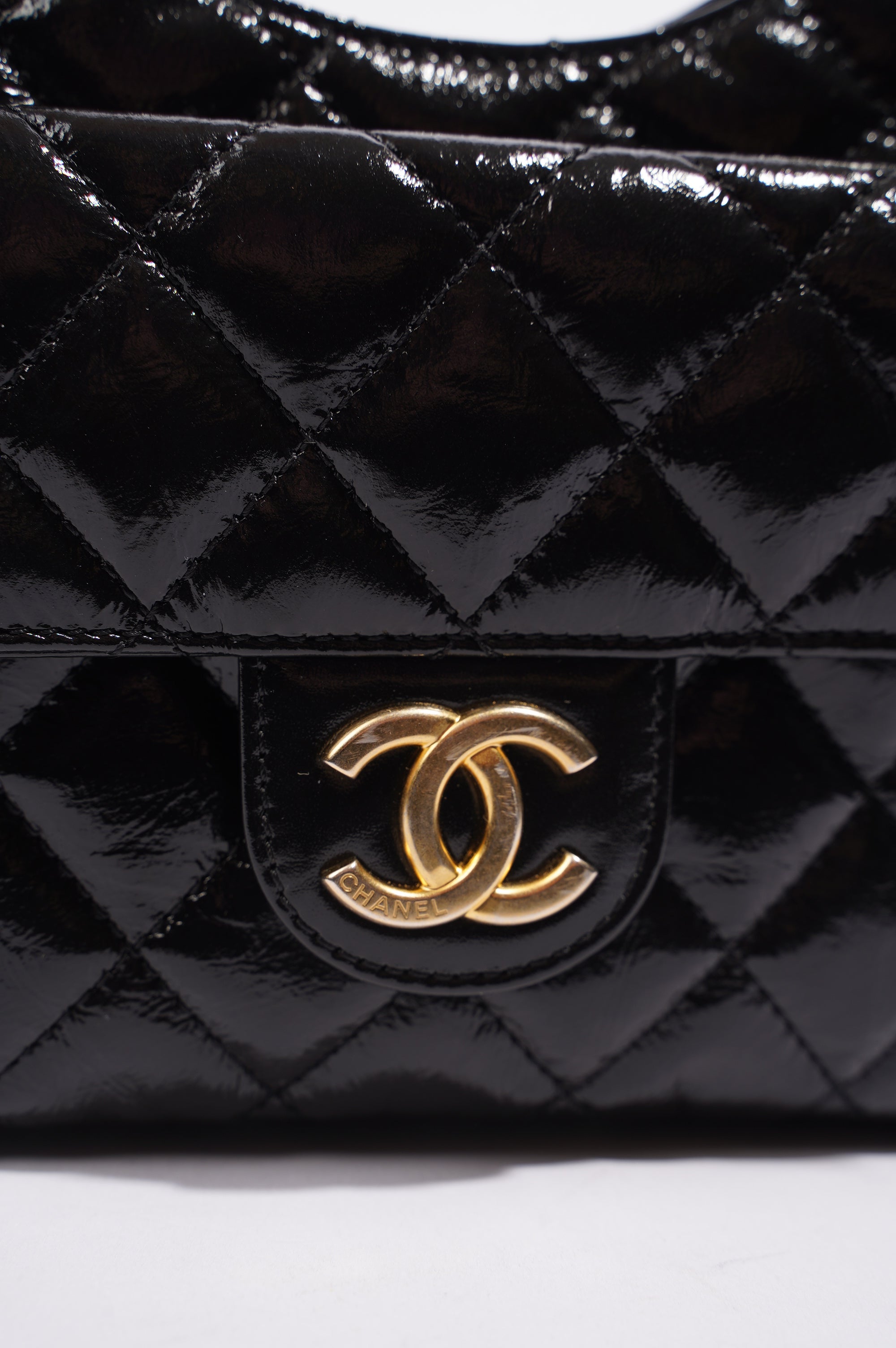 Chanel Womens Patent Leather Hobo Bag Black Small