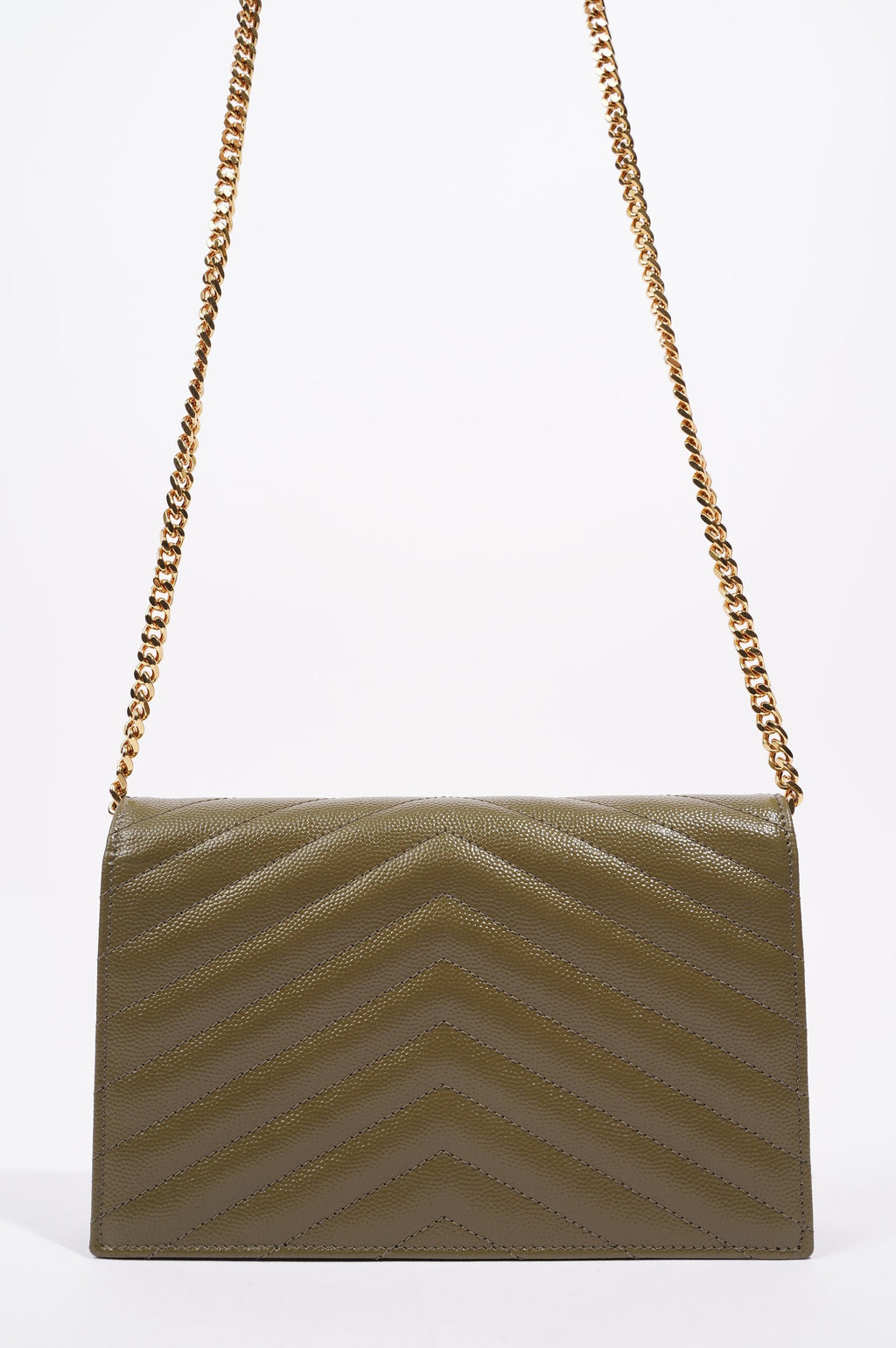 Saint Laurent Womens Cassandra Envelope Chain Wallet Khaki
