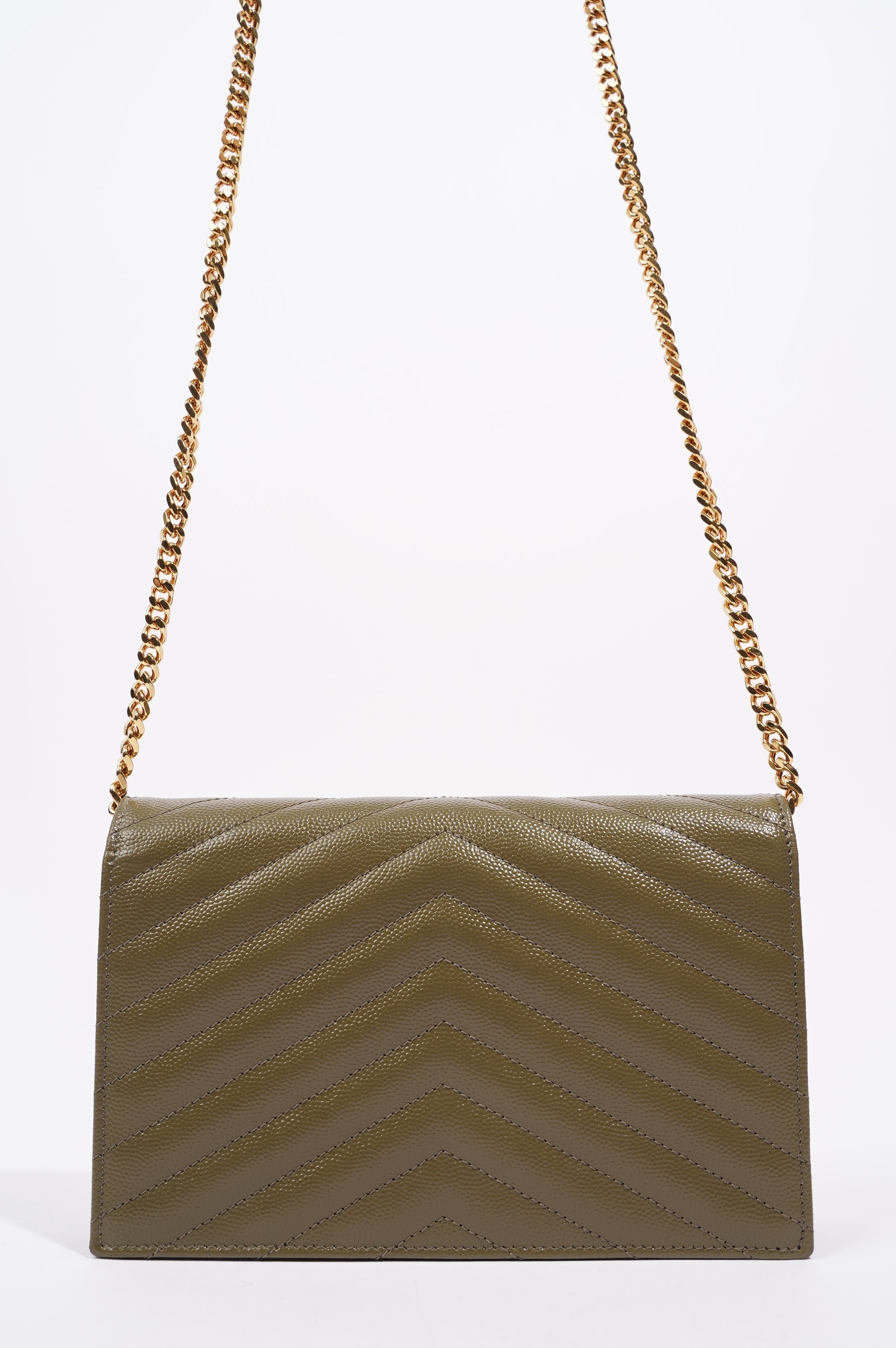 Saint Laurent Womens Cassandra Envelope Chain Wallet Khaki