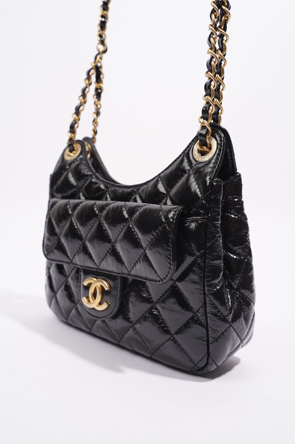 Chanel Womens Patent Leather Hobo Bag Black Small