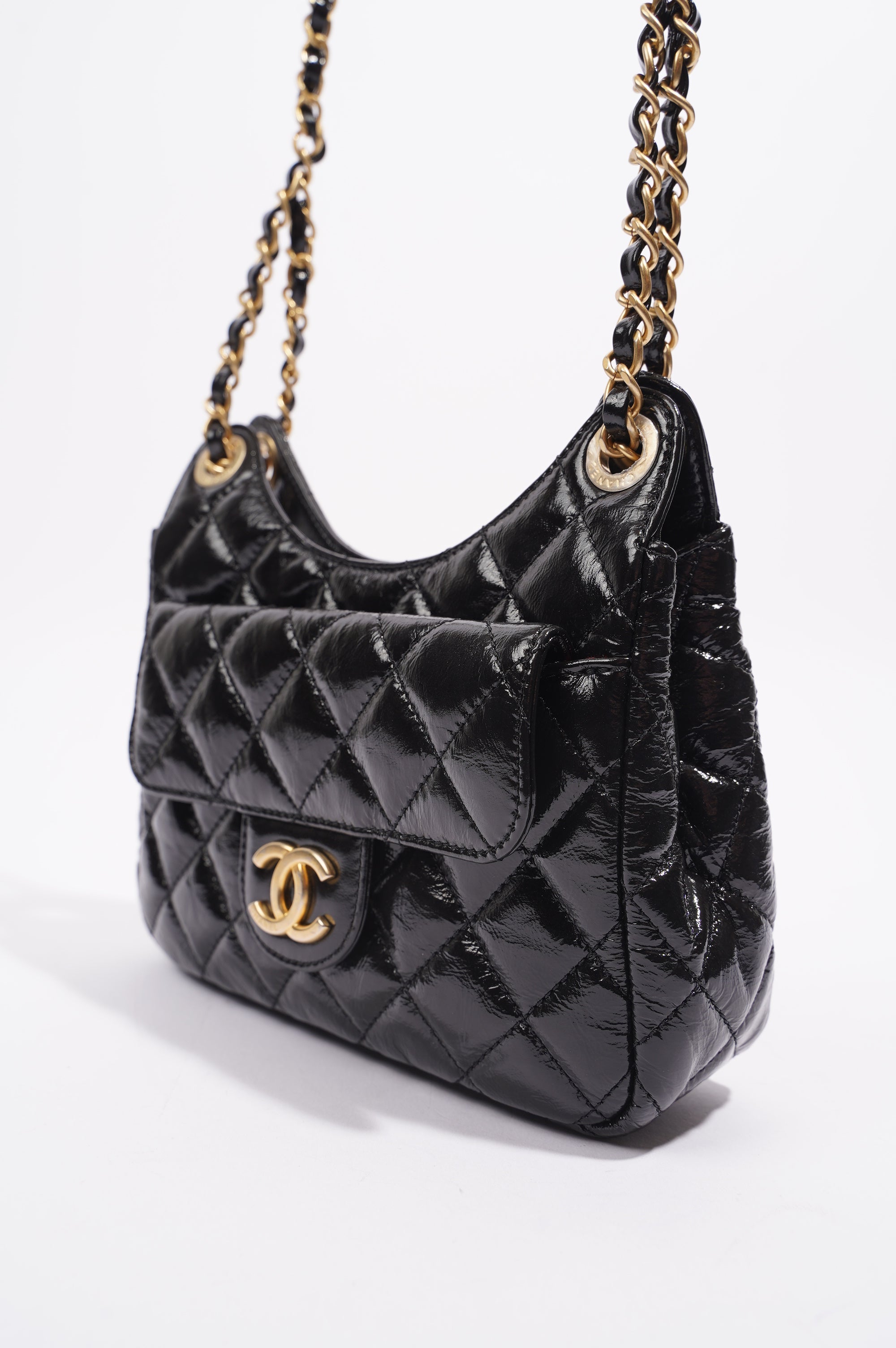 Chanel Womens Patent Leather Hobo Bag Black Small