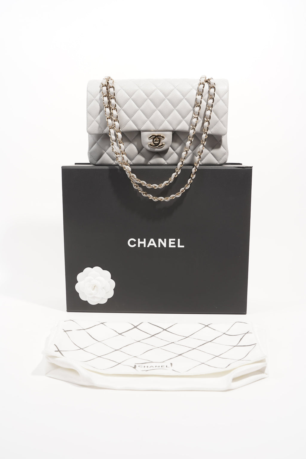 Chanel Womens Classic Flap Grey White Gold Medium