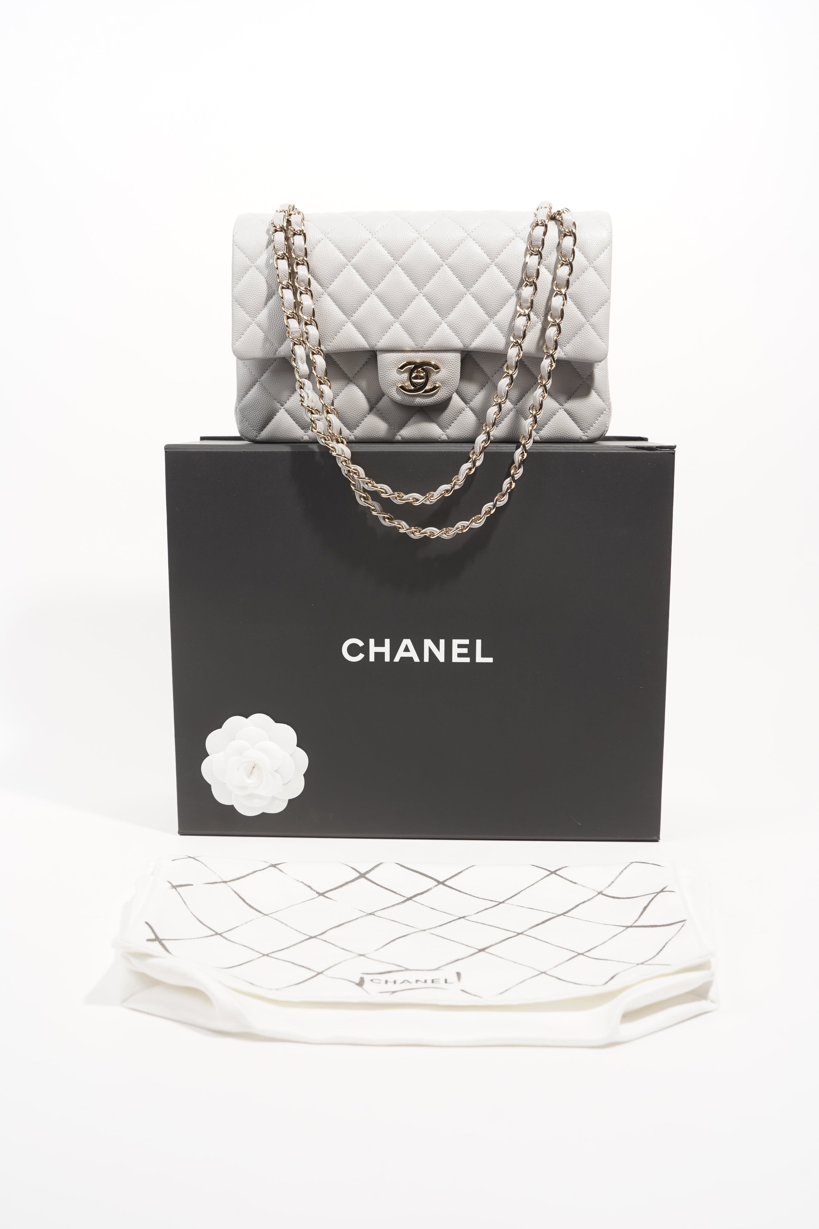 Chanel Womens Classic Flap Grey White Gold Medium