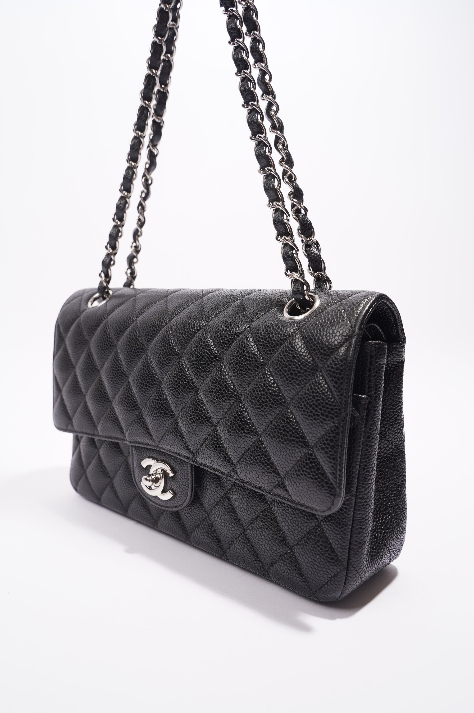 Chanel Double Classic Flap Bag Black Caviar Leather Medium