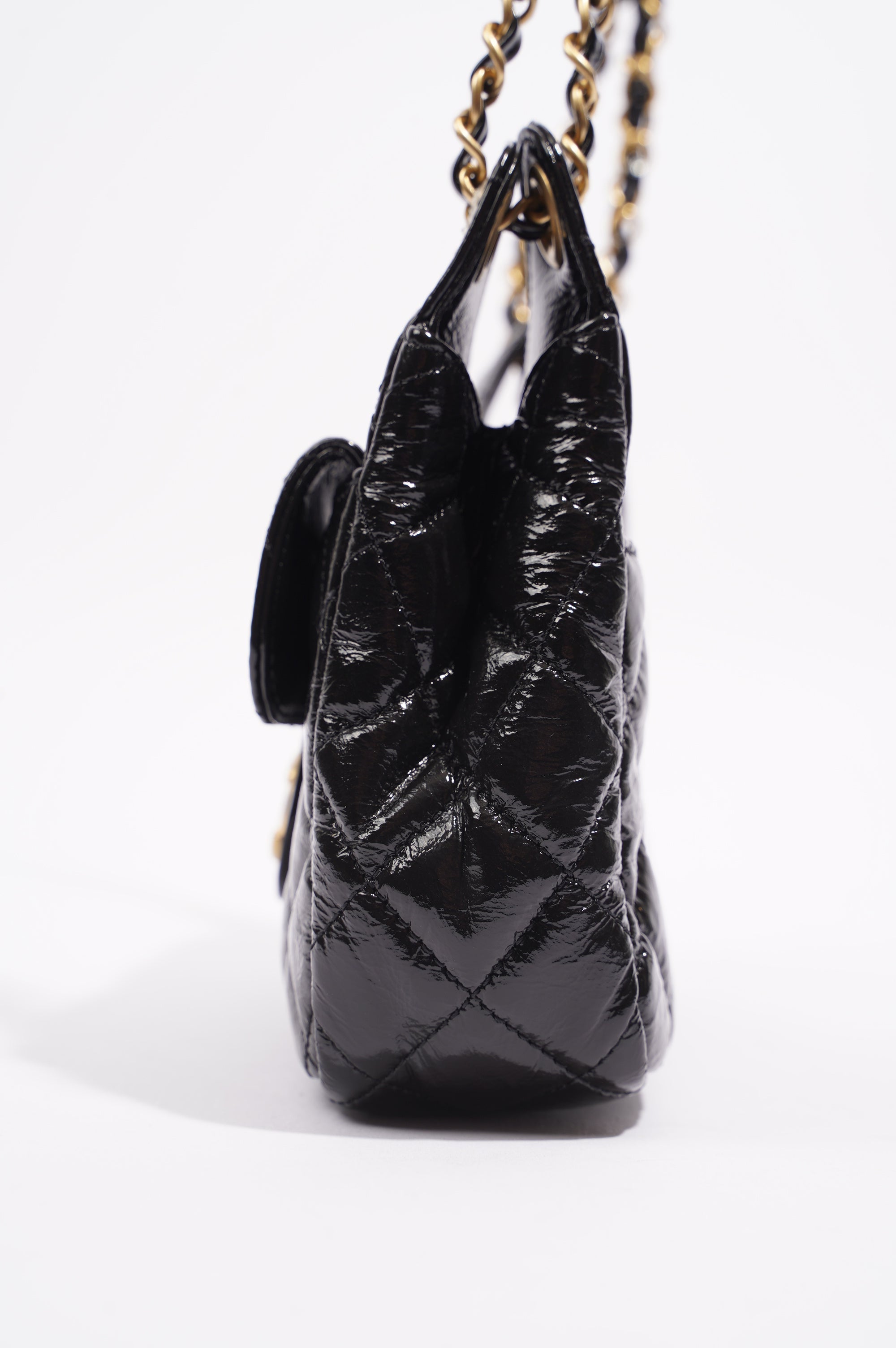 Chanel Womens Patent Leather Hobo Bag Black Small