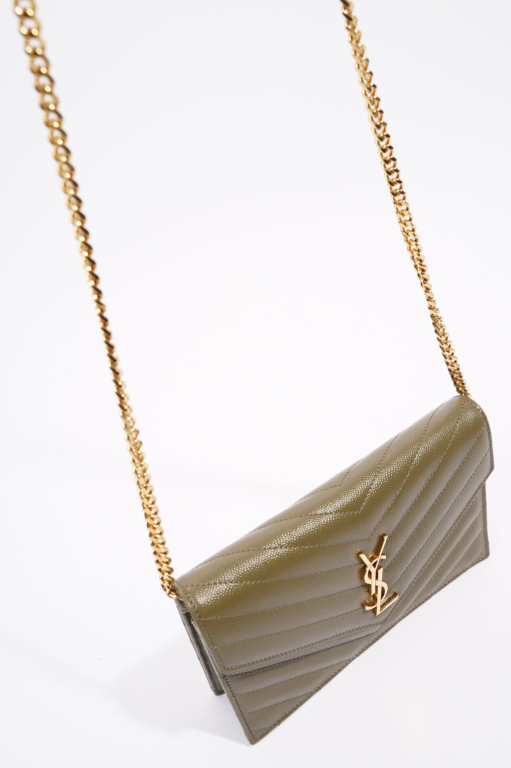 Saint Laurent Womens Cassandra Envelope Chain Wallet Khaki