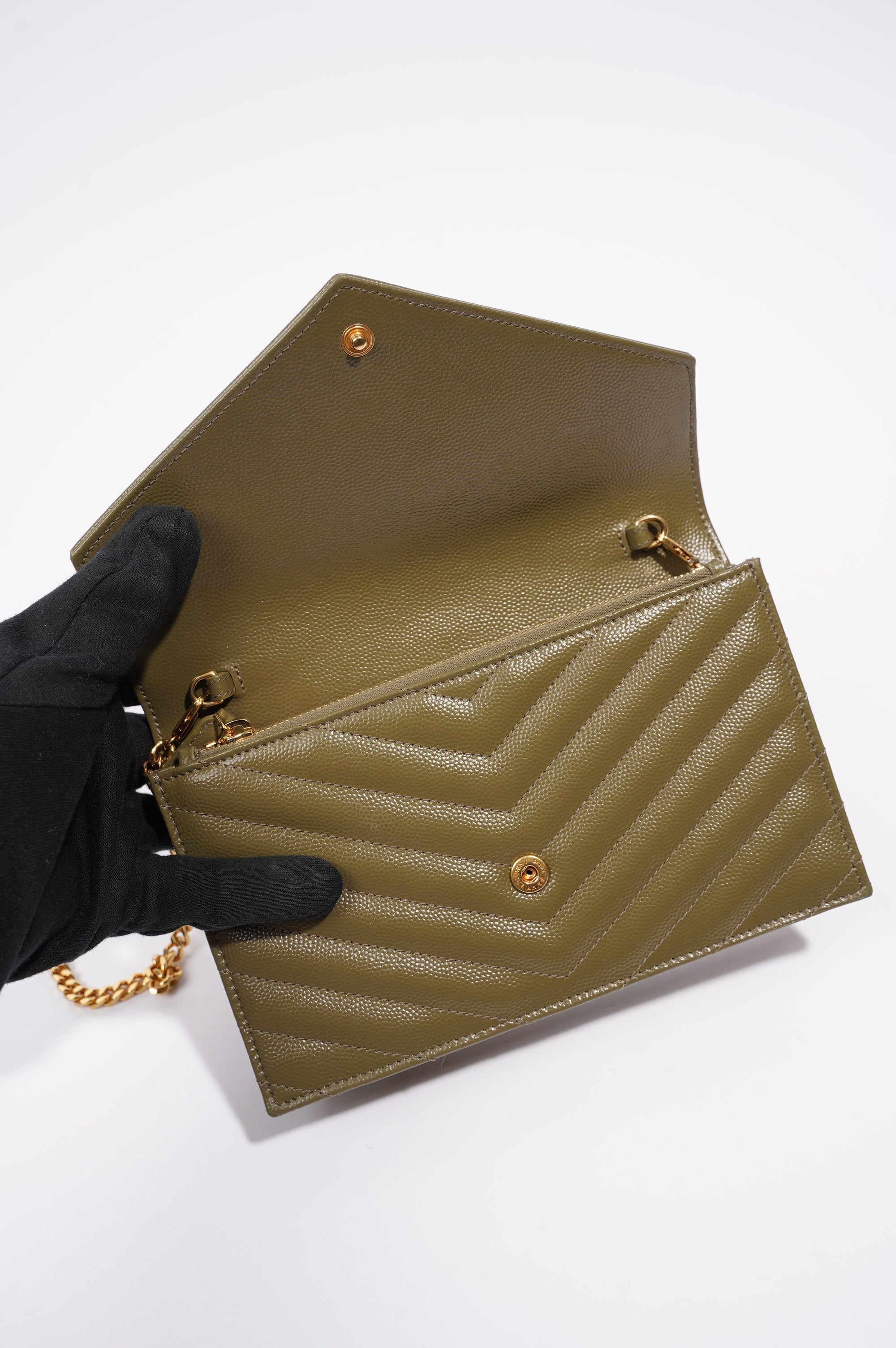Saint Laurent Womens Cassandra Envelope Chain Wallet Khaki