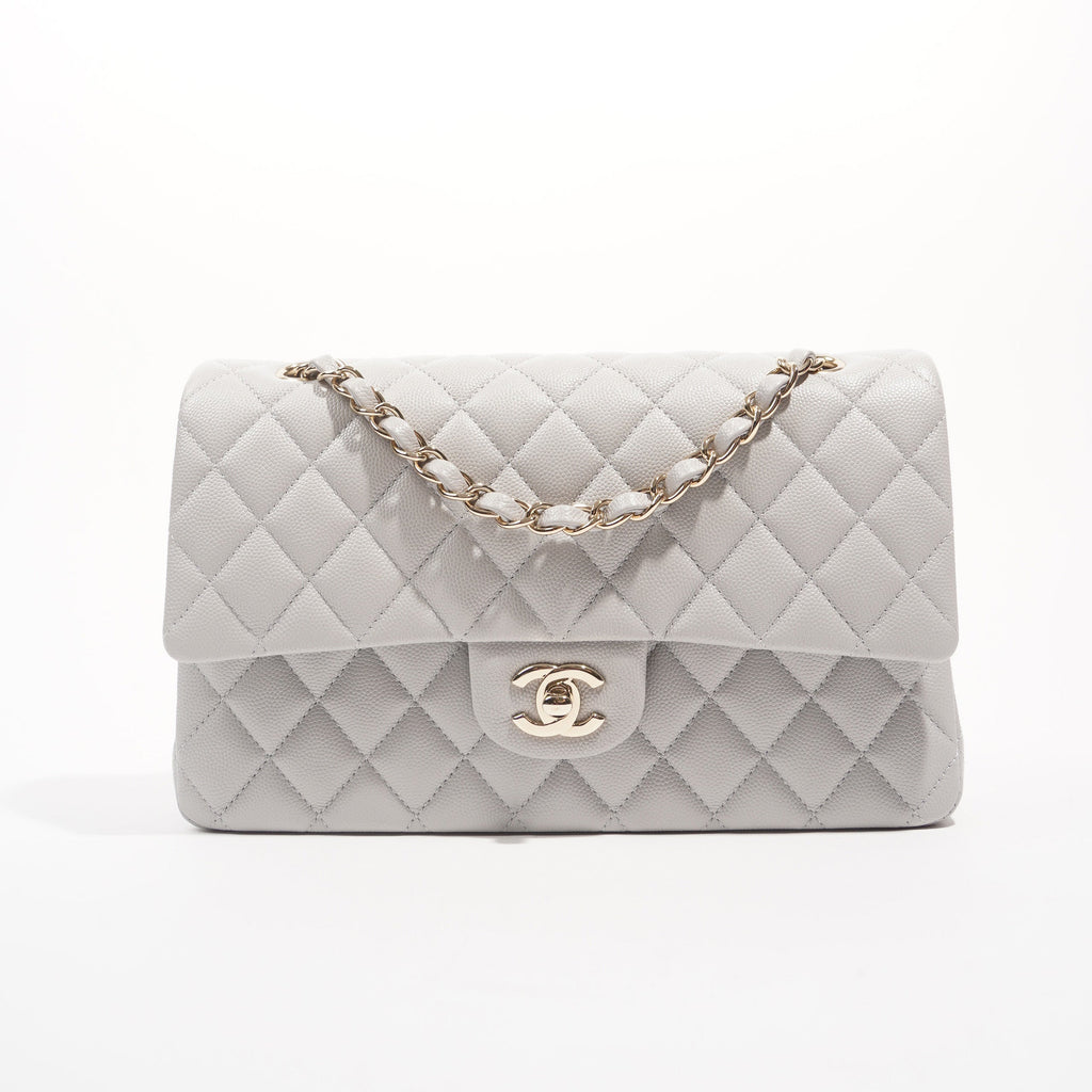 Chanel Womens Classic Flap Grey White Gold Medium