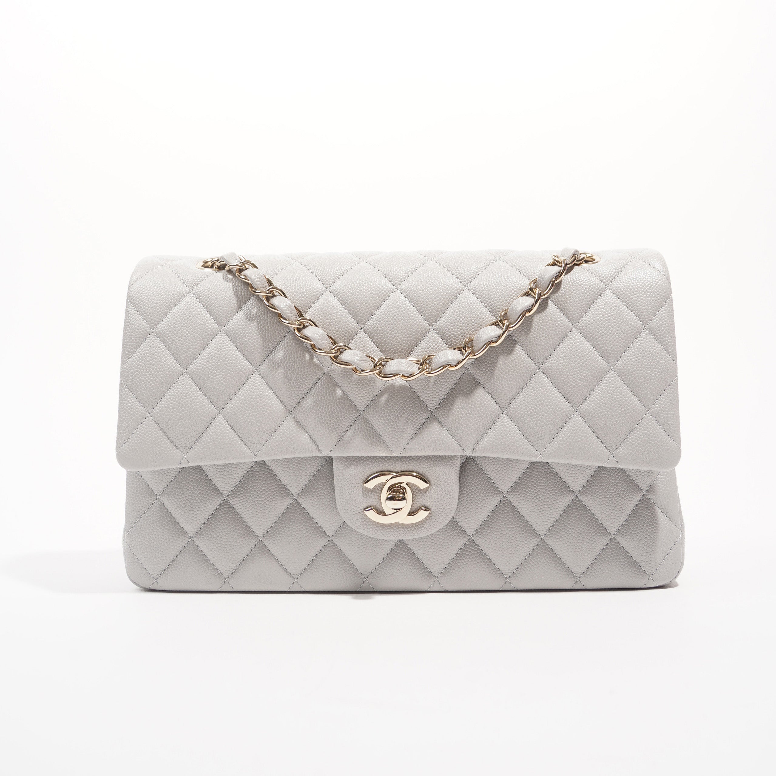Chanel Womens Classic Flap Grey White Gold Medium