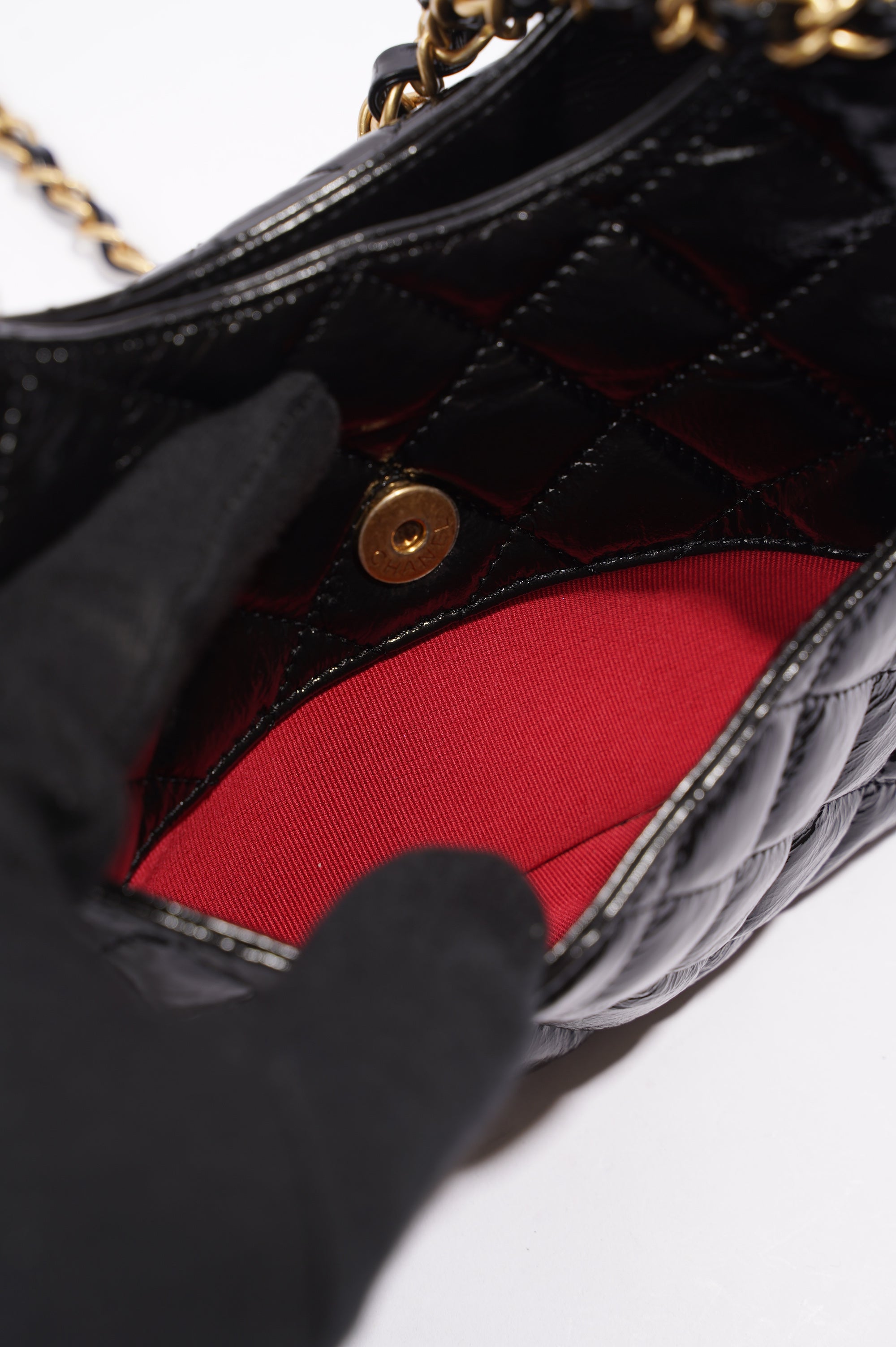 Chanel Womens Patent Leather Hobo Bag Black Small