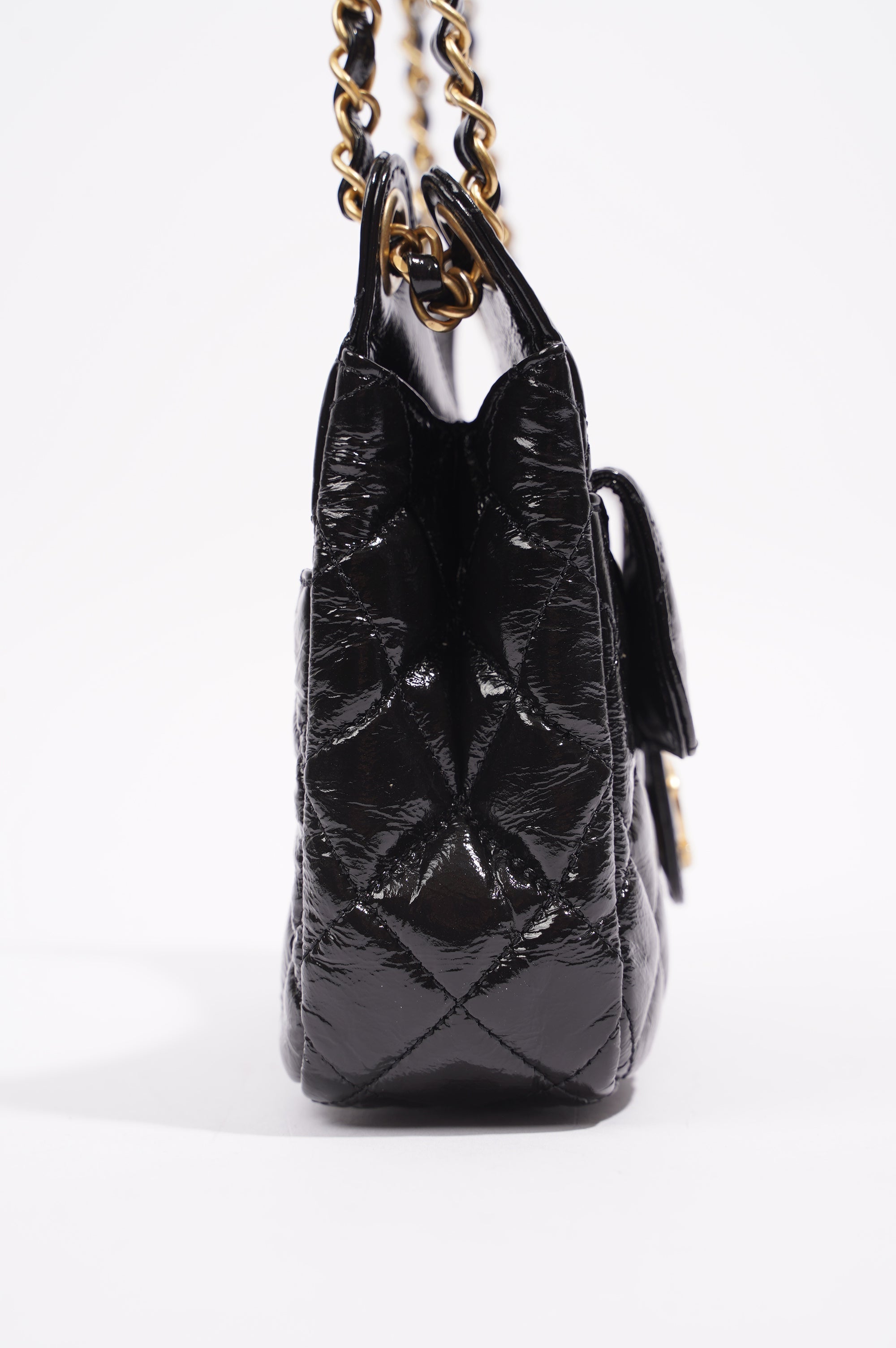 Chanel Womens Patent Leather Hobo Bag Black Small