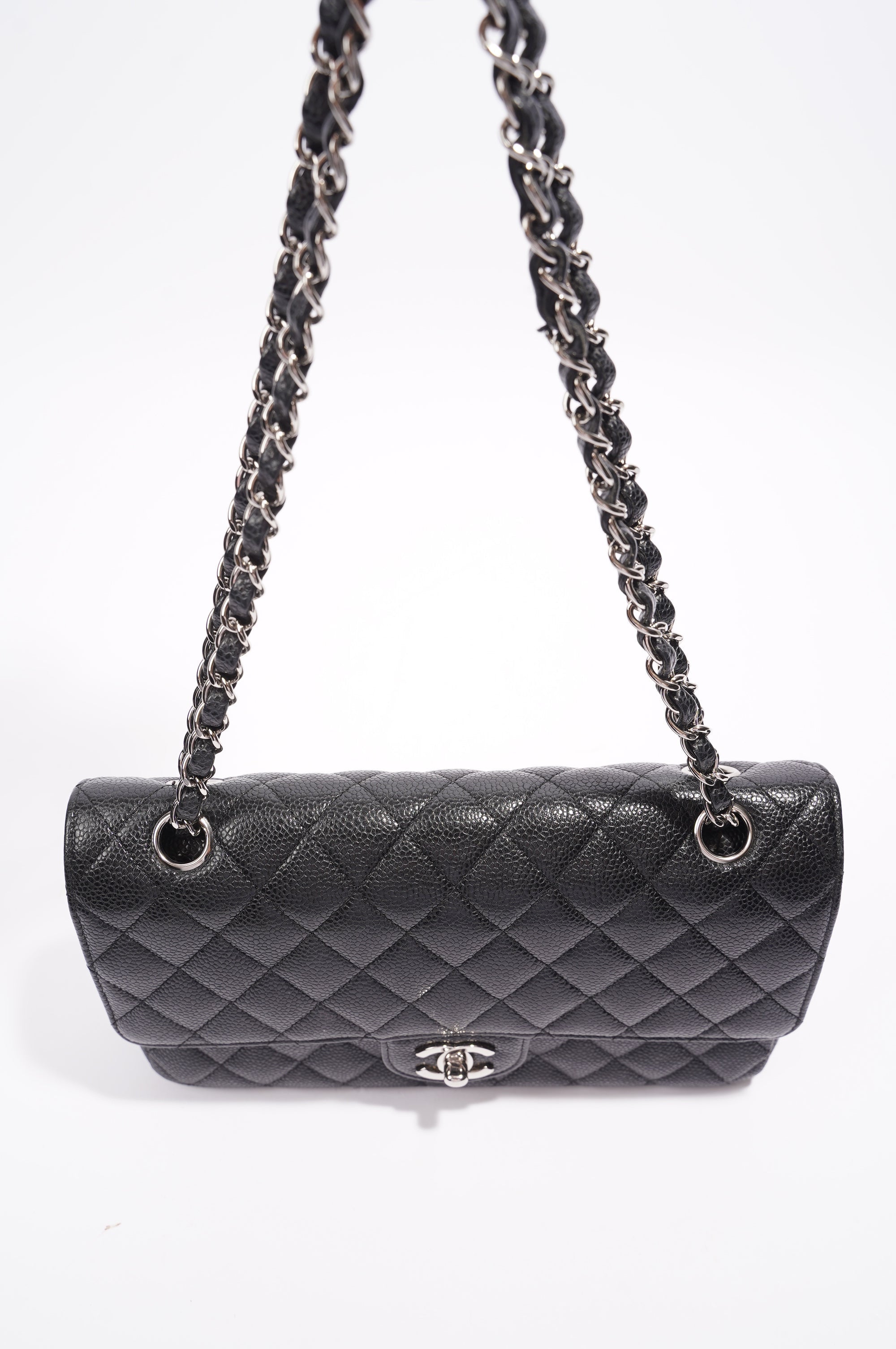 Chanel Double Classic Flap Bag Black Caviar Leather Medium