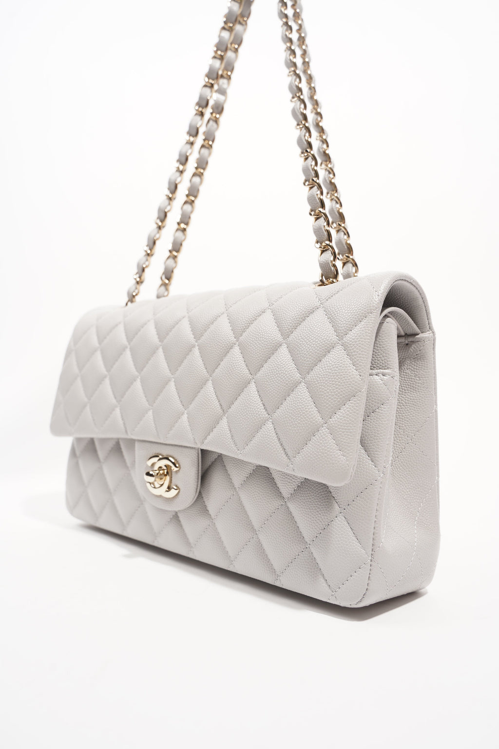 Chanel Womens Classic Flap Grey White Gold Medium
