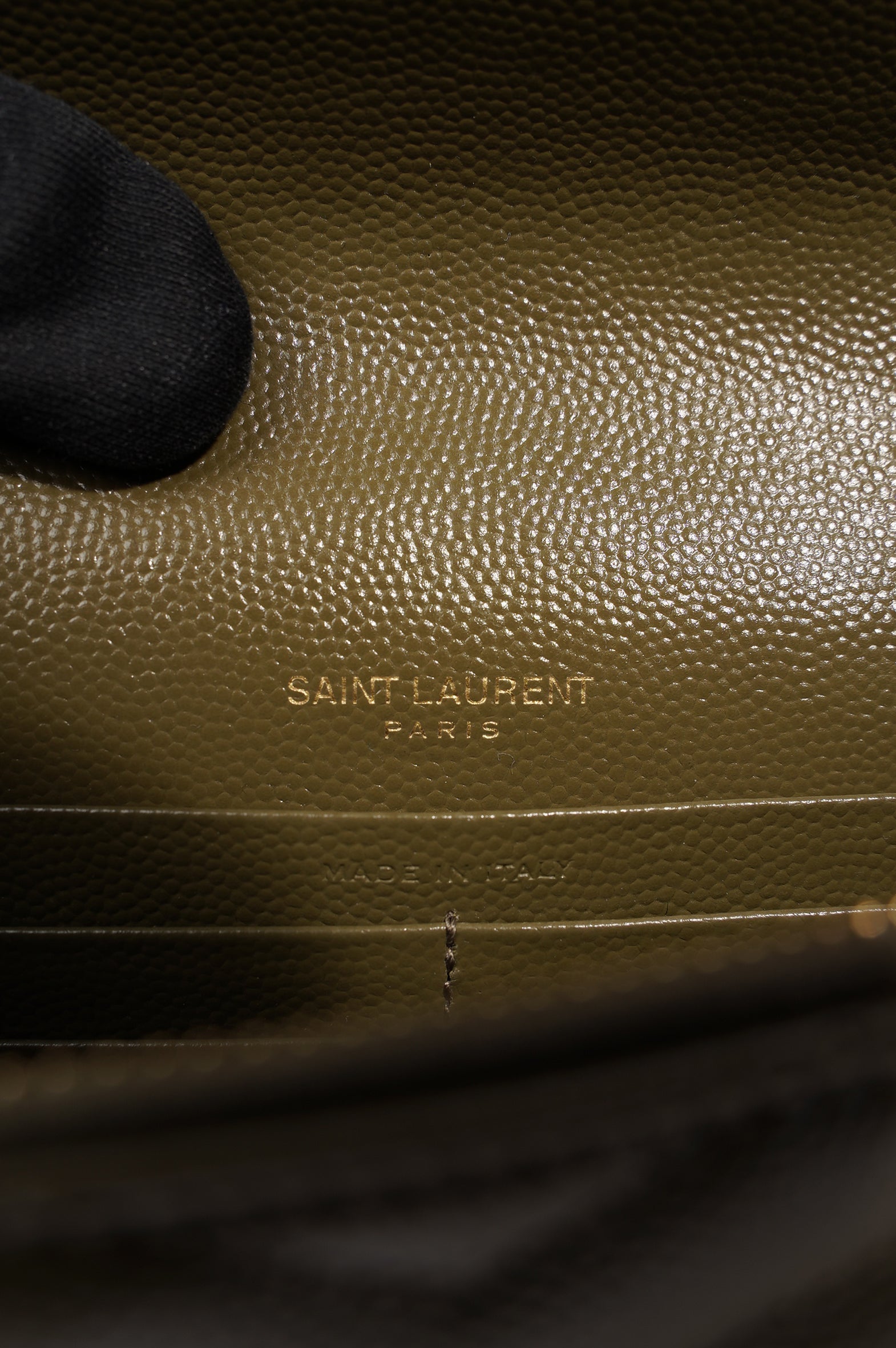 Saint Laurent Womens Cassandra Envelope Chain Wallet Khaki