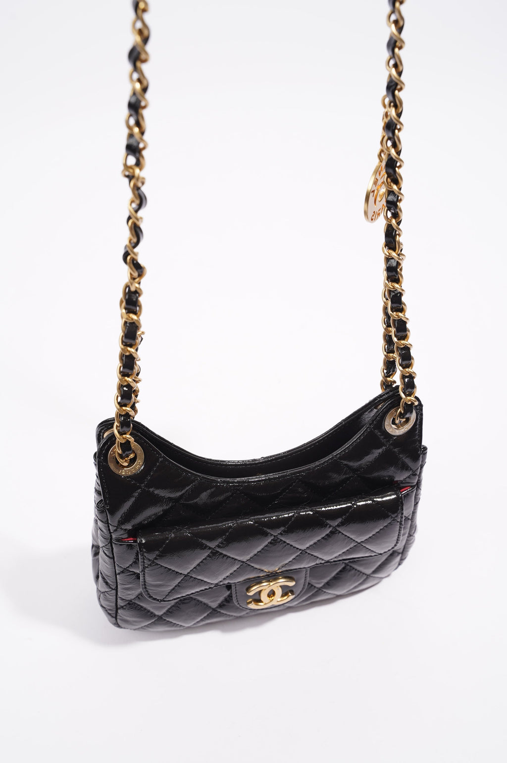 Chanel Womens Patent Leather Hobo Bag Black Small