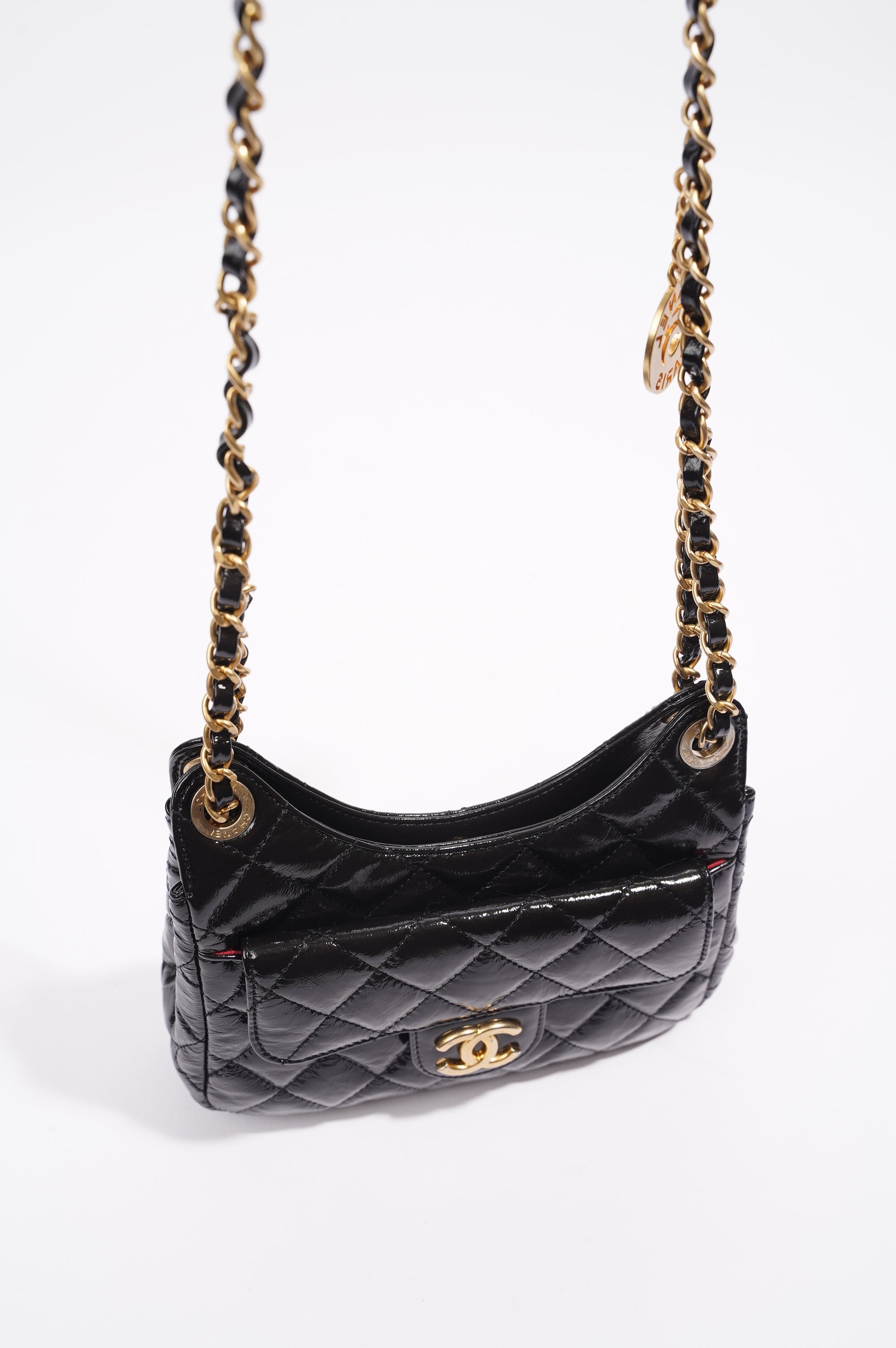 Chanel Womens Patent Leather Hobo Bag Black Small