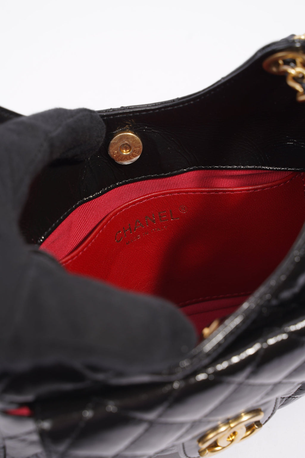 Chanel Womens Patent Leather Hobo Bag Black Small